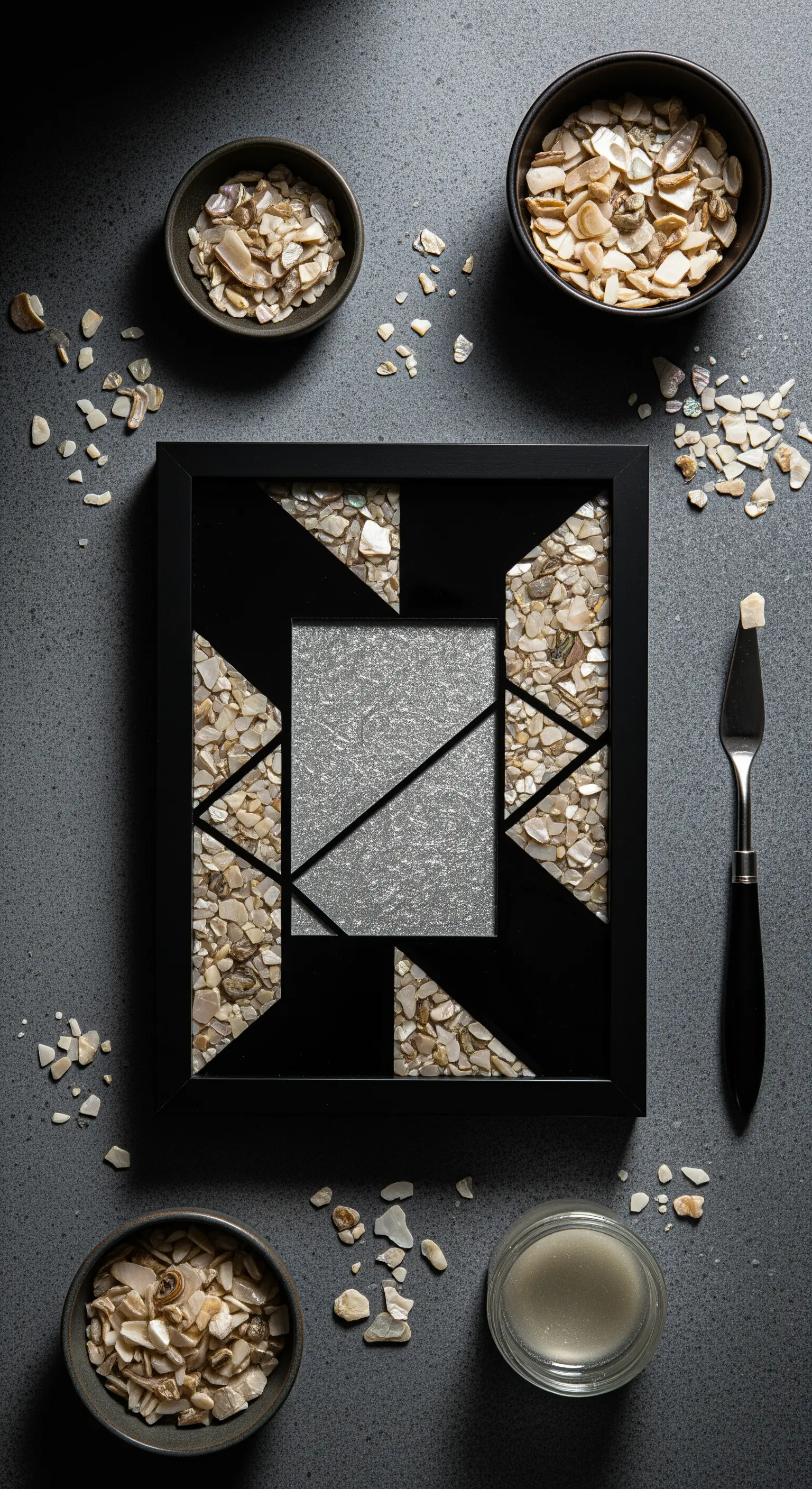 Cornice nera con un design geometrico creato con frammenti di conchiglie e glitter argento.