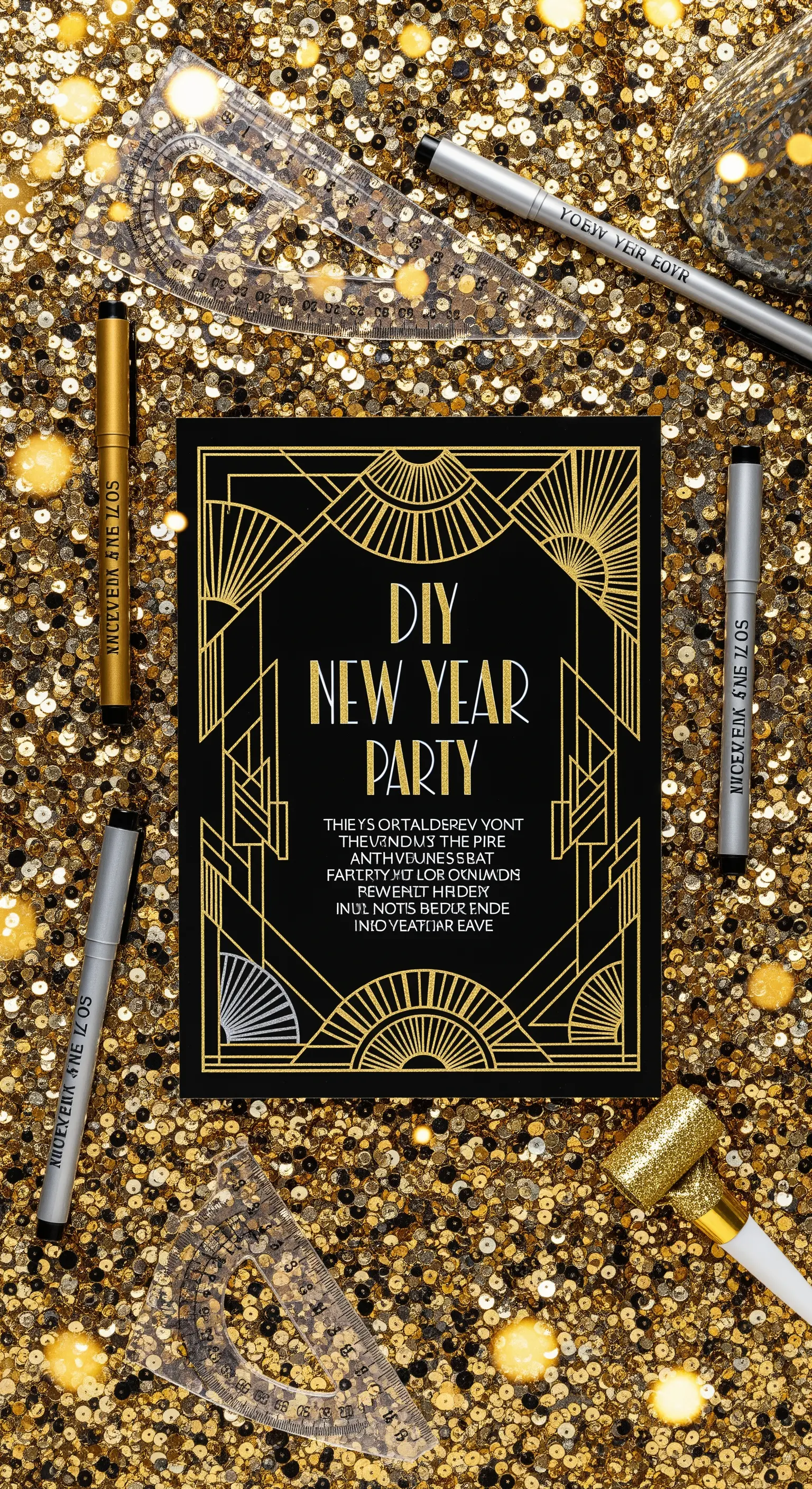 Invito di Capodanno in stile Art Déco con linee dorate su sfondo nero e paillettes.