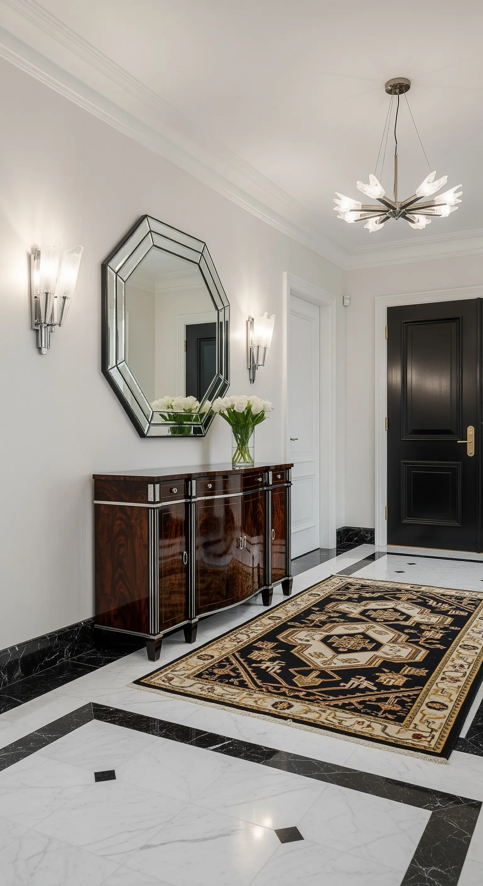 Ingresso Art Deco con pavimento in marmo, mobile laccato e specchio ottagonale.