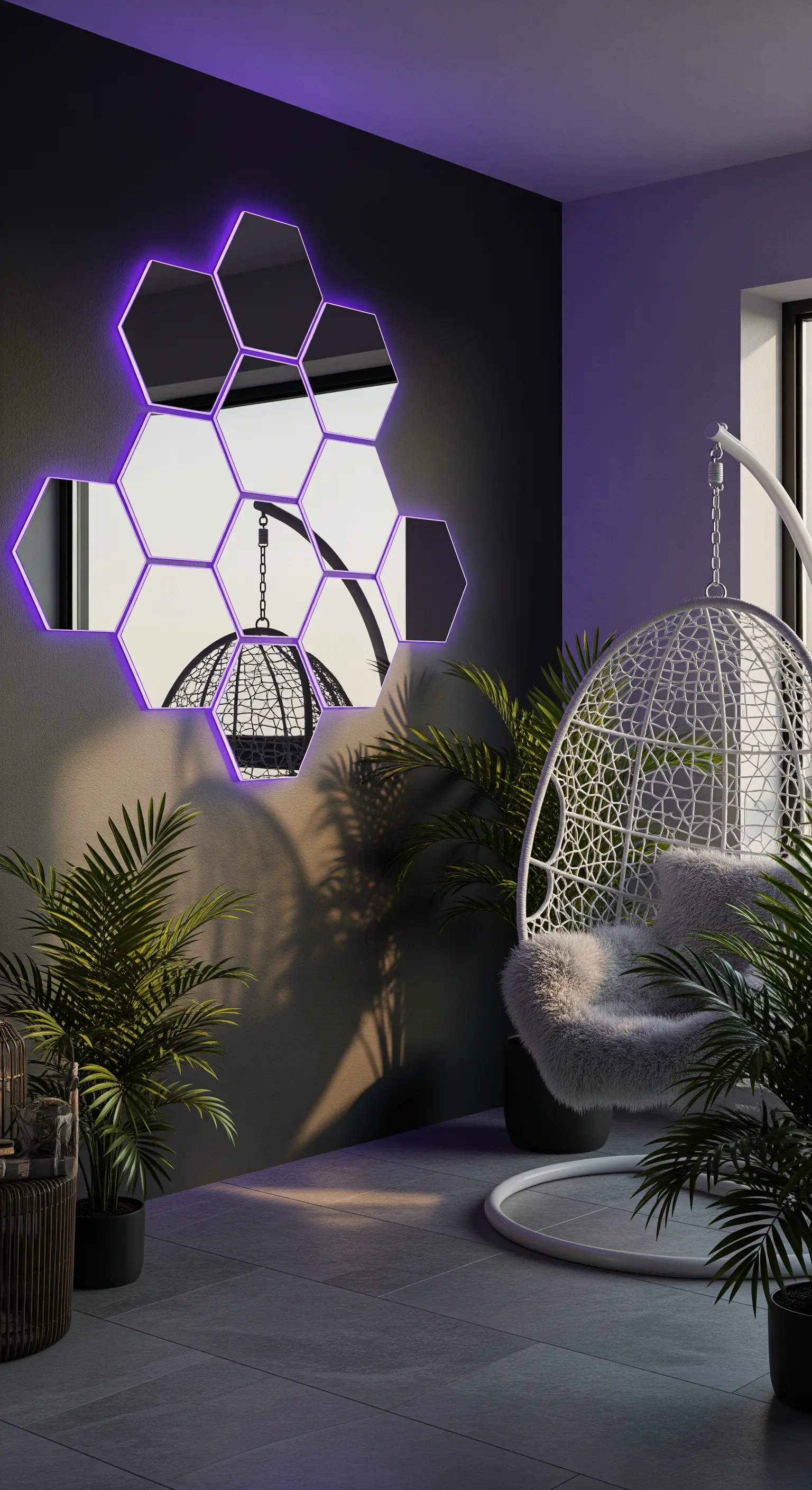 Composizione di specchi esagonali con retroilluminazione a LED viola su una parete grigia.