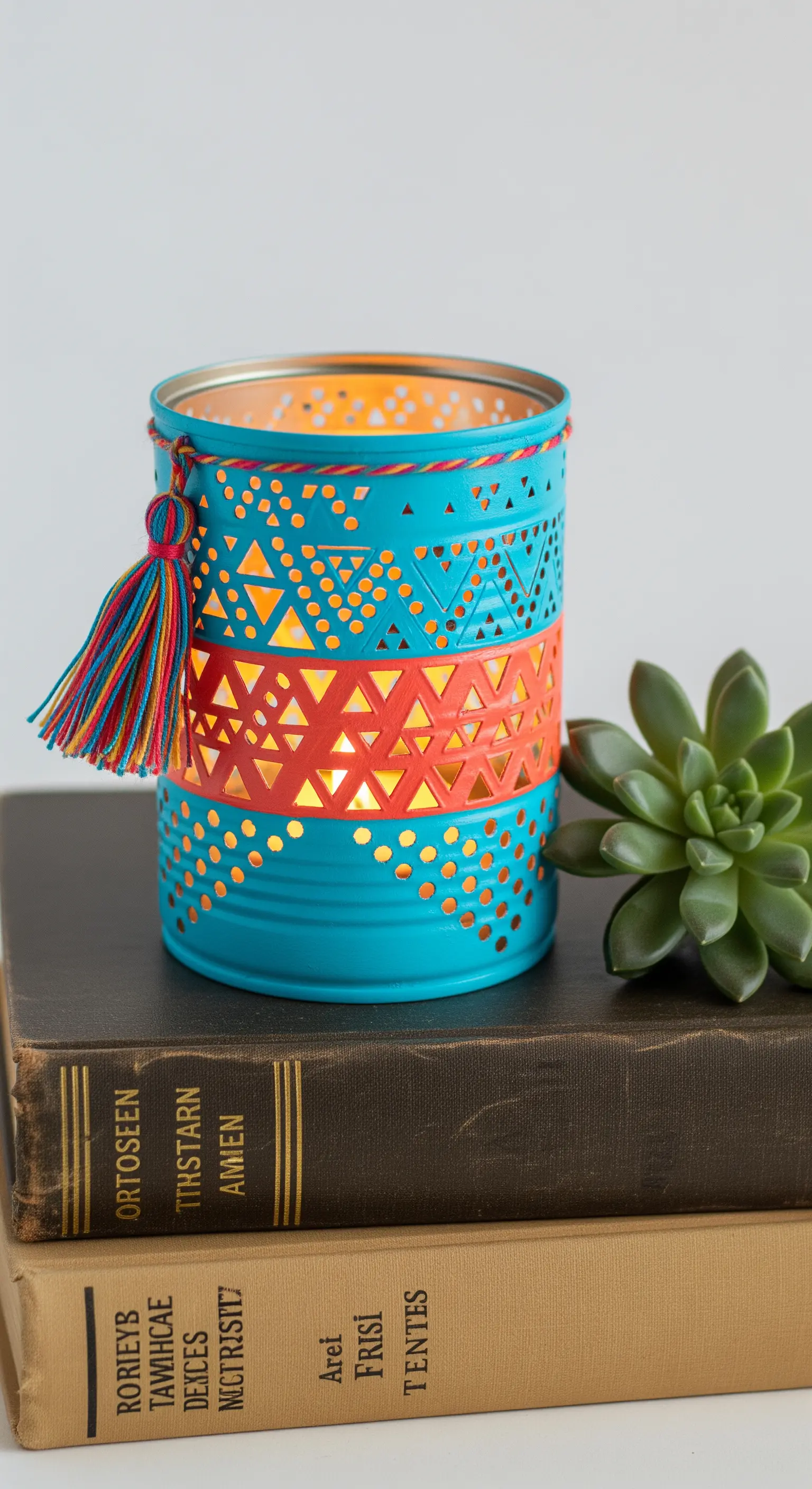 Portacandela in latta dipinto di turchese e arancione con motivi geometrici traforati.