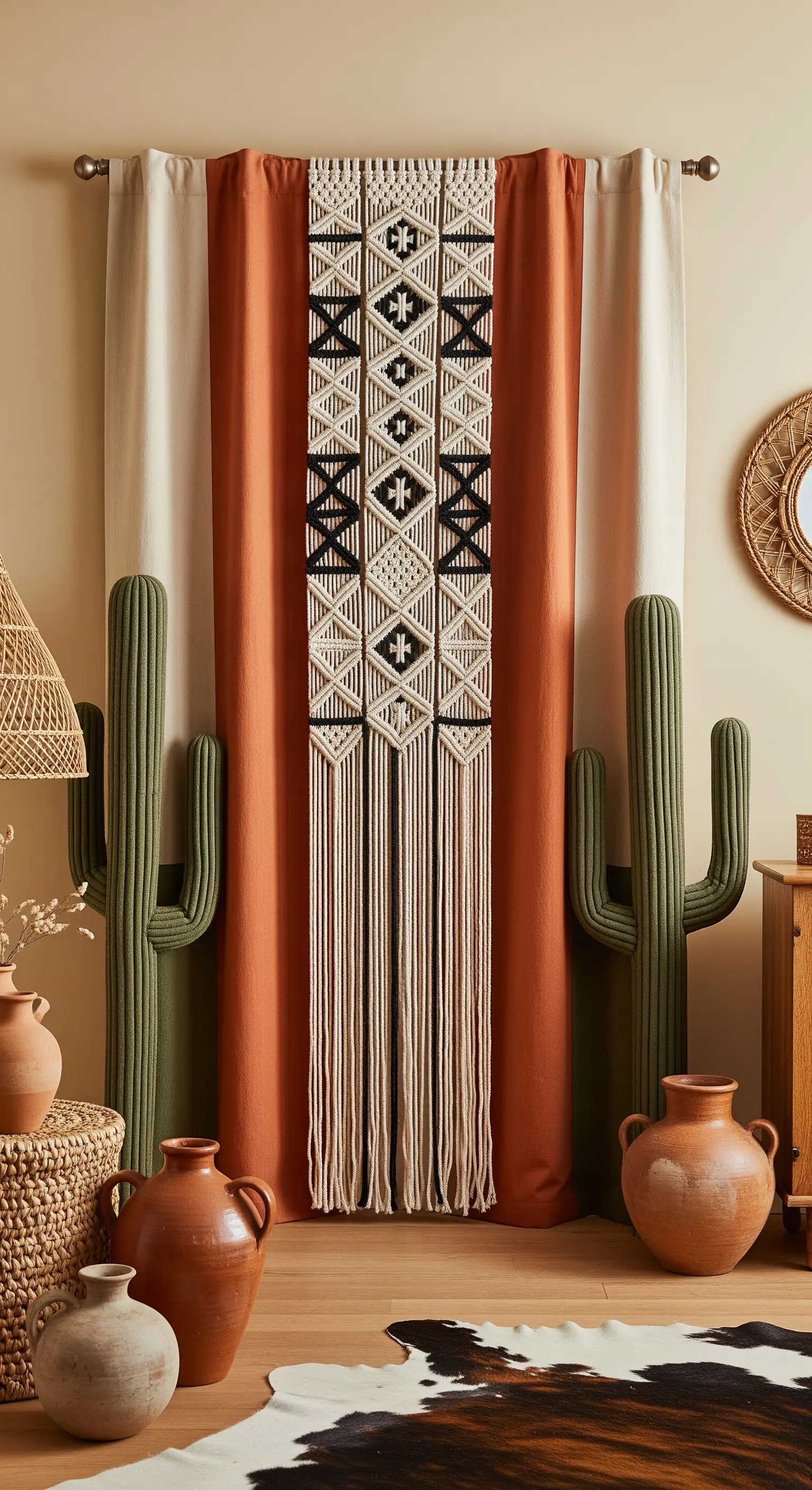 Pannello decorativo in macramè con motivi geometrici bianchi e neri su una tenda color terracotta.