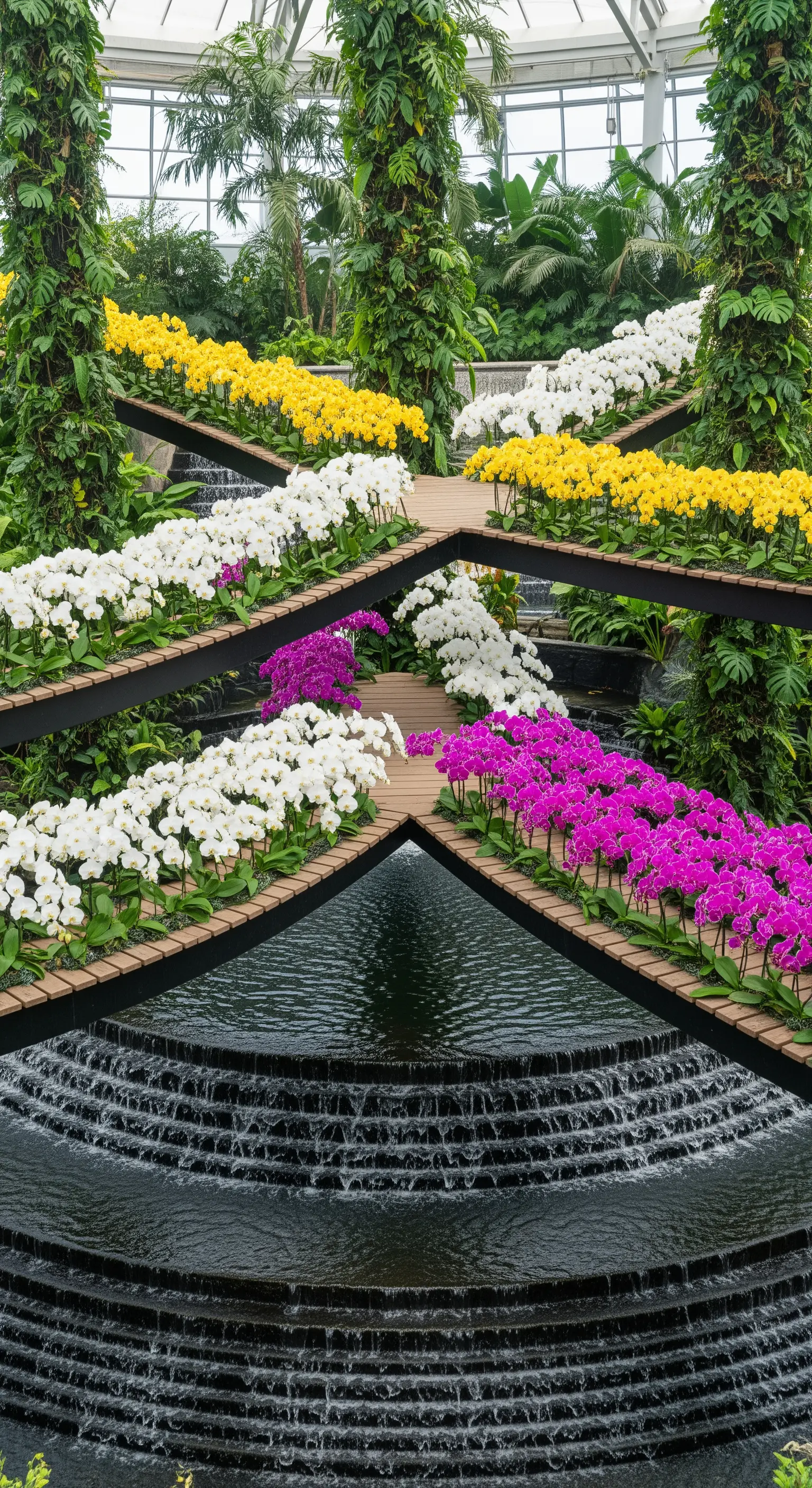 Passerelle a croce sopra una vasca d'acqua a gradoni, con aiuole di orchidee bianche, gialle e viola.