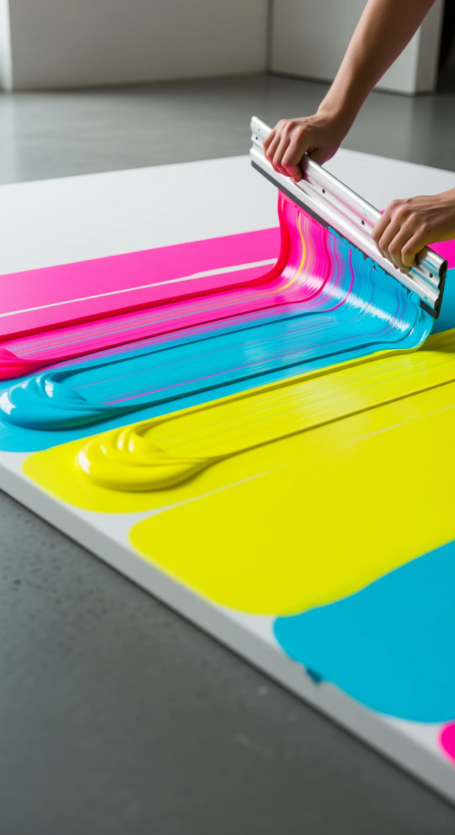 Tecnica di pittura con spatola larga (squeegee) su tela per creare strisce di colore vivaci.