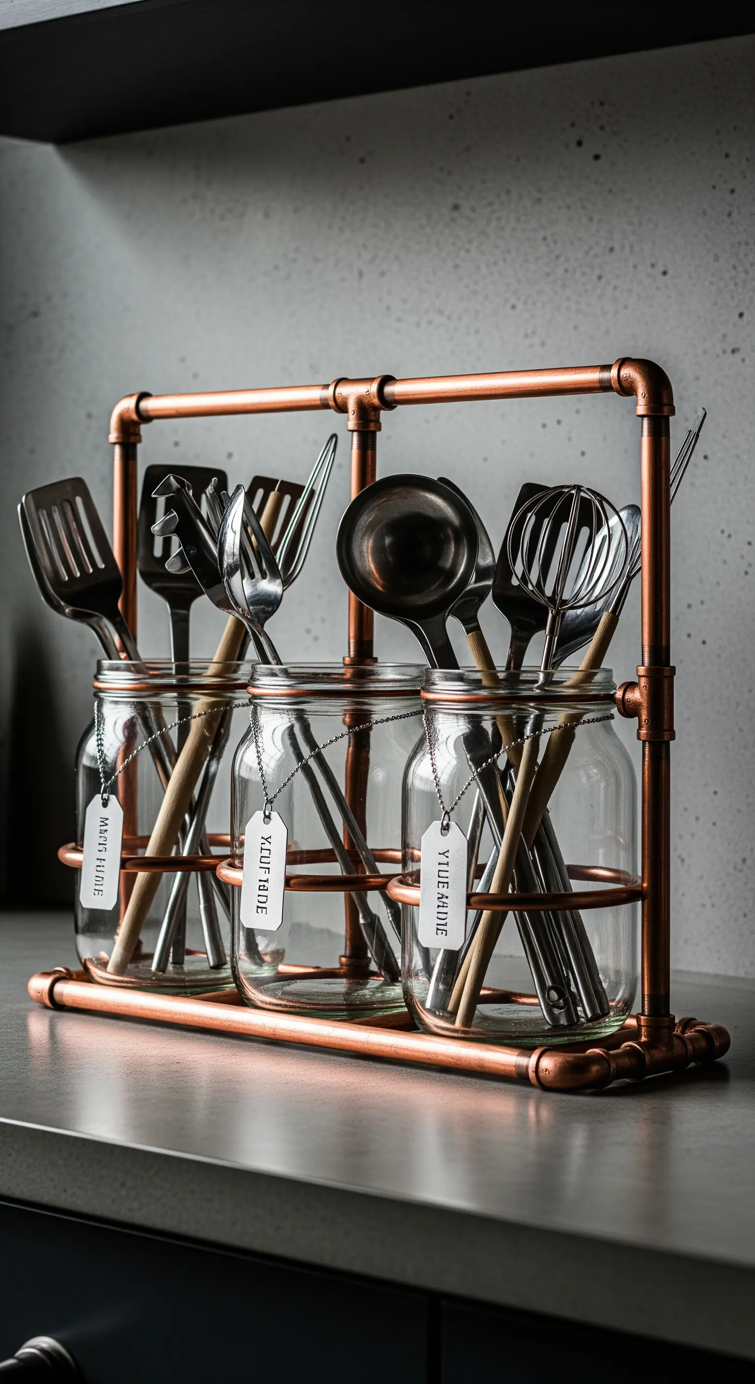 Porta utensili da cucina fai-da-te con struttura in tubi di rame e barattoli di vetro.