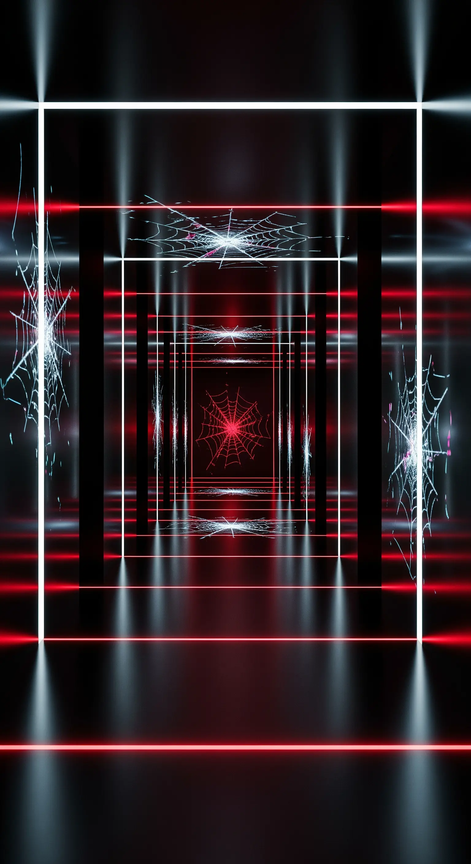 Corridoio nero moderno con luci al neon e ragnatele proiettate.