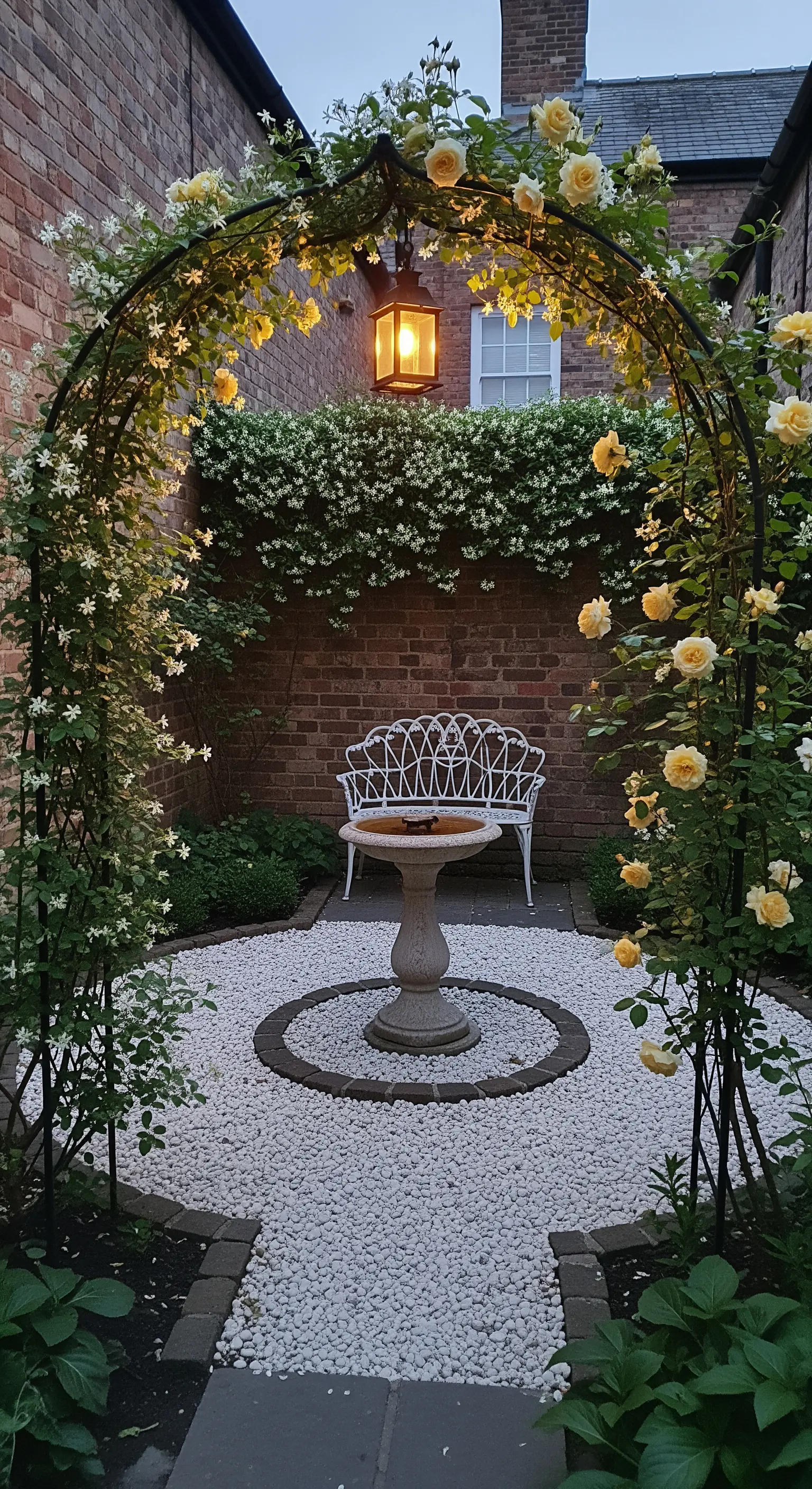 Piccolo cortile con arco fiorito, fontanella e panchina bianca su un'area circolare di ghiaia.