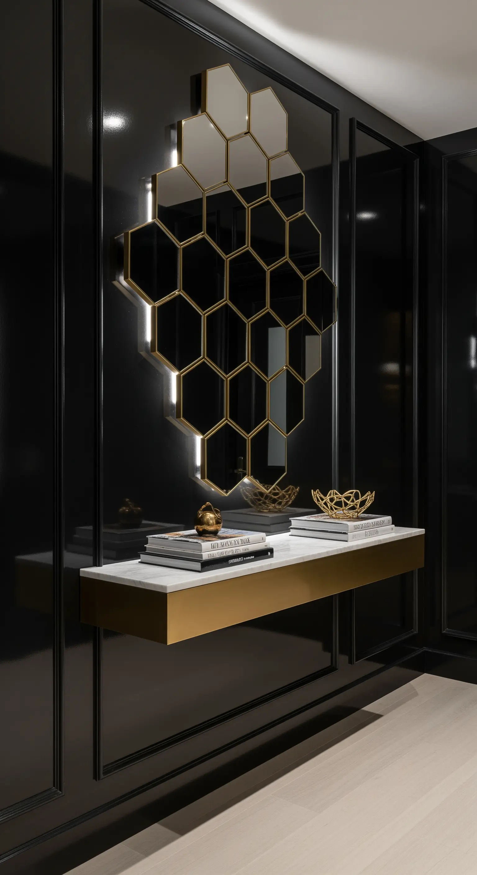 Parete nera lucida con specchio a nido d'ape e mensola sospesa in marmo e ottone.