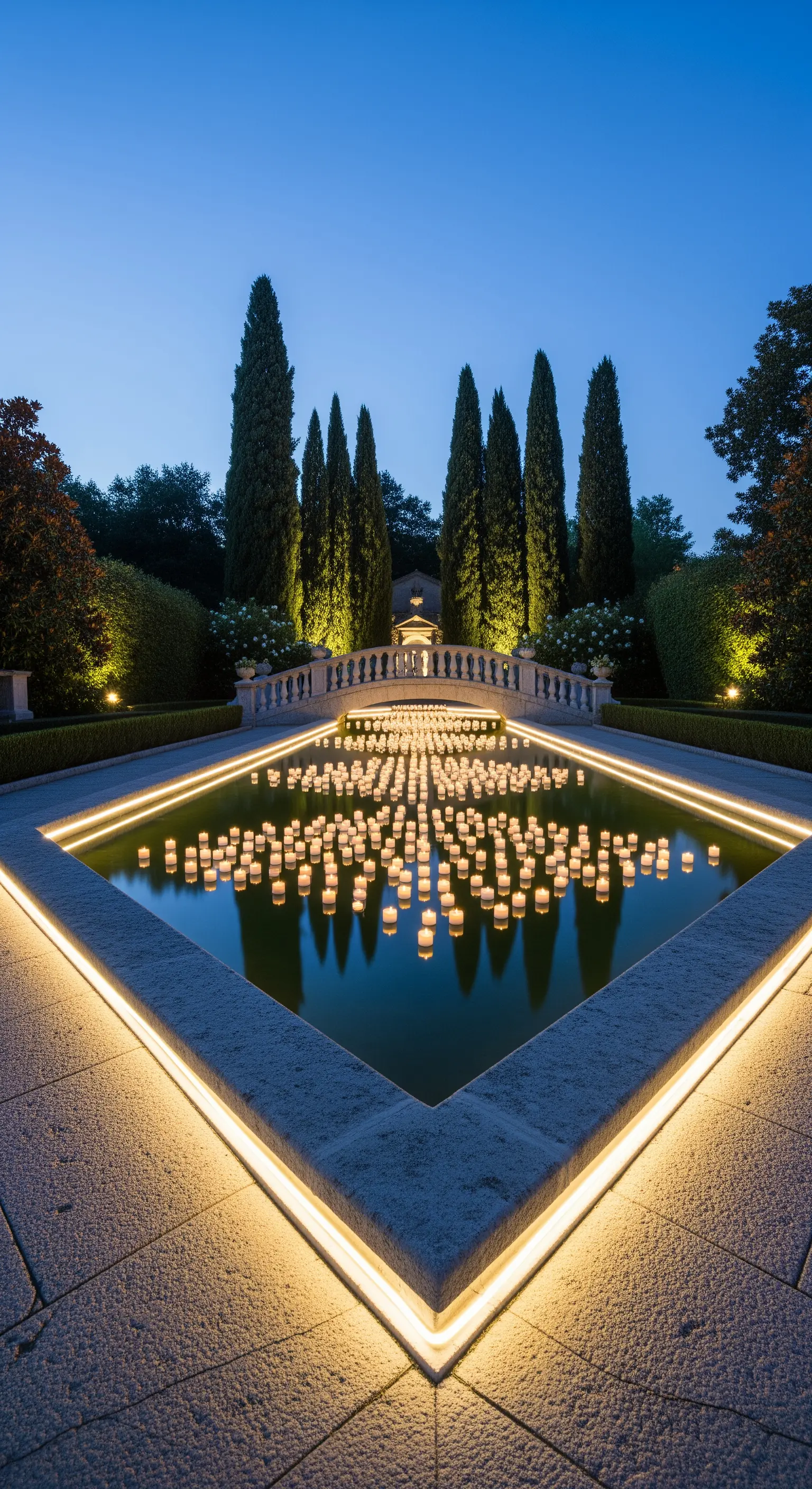 Laghetto geometrico in un giardino formale, illuminato da LED e centinaia di candele galleggianti.