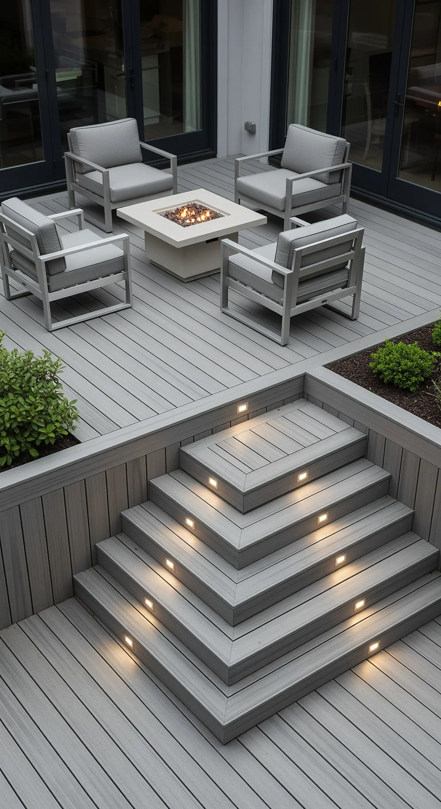 Scala esterna in legno composito grigio con segnapassi a LED integrati.