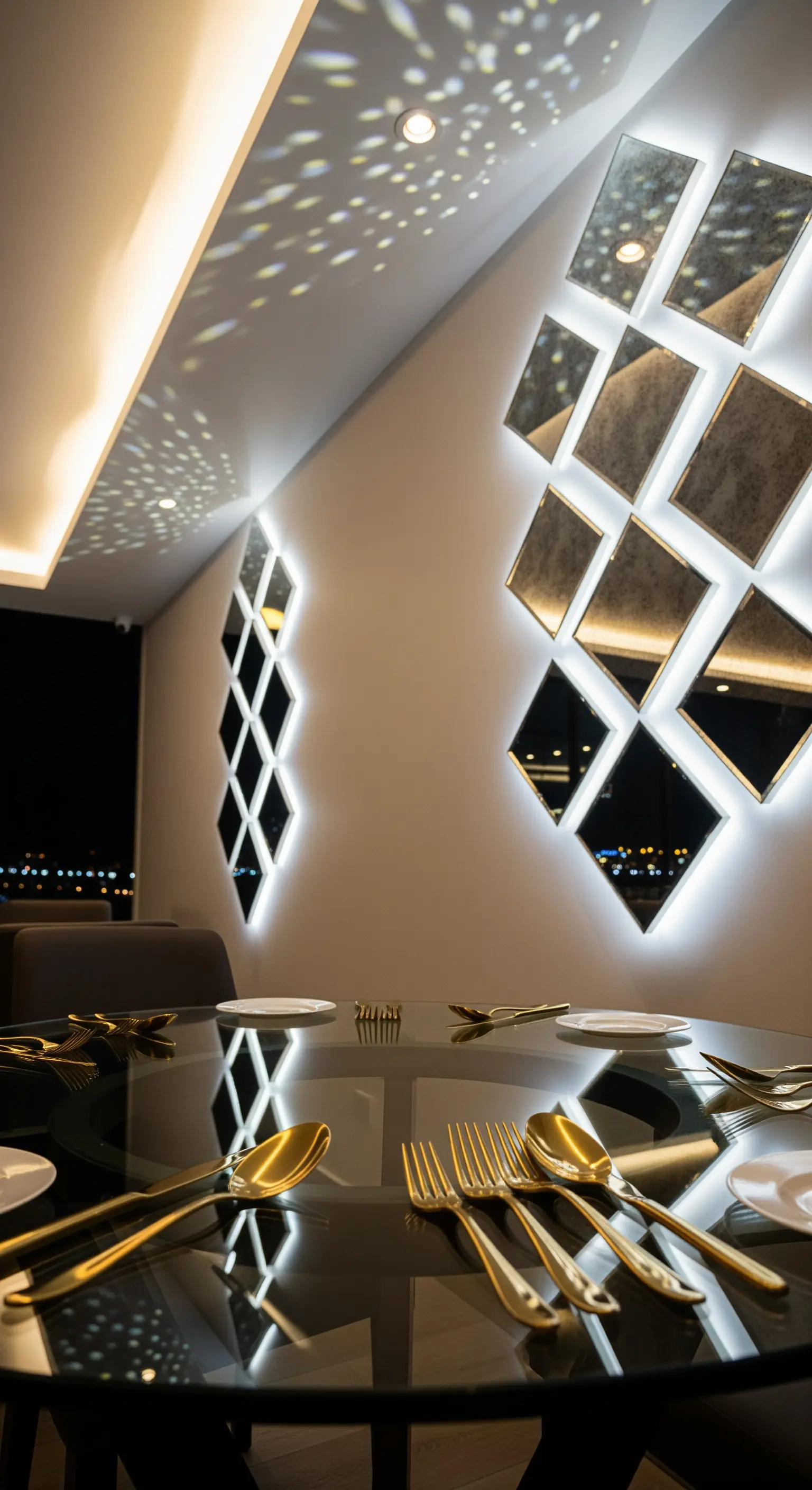 Parete di un'area pranzo con composizione di specchi a losanga retroilluminati a LED.