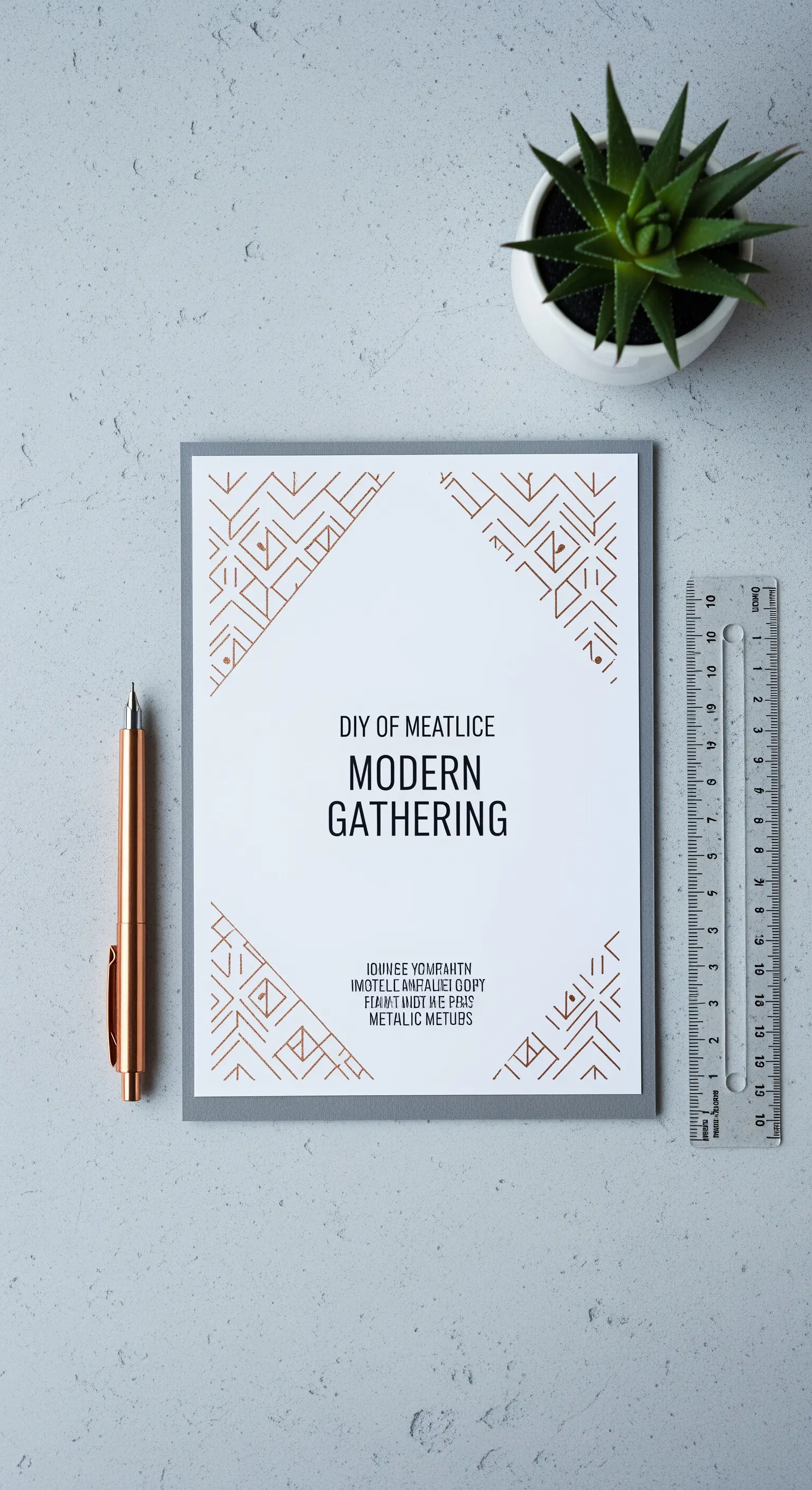 Invito moderno con motivi geometrici color rame su sfondo bianco e grigio.