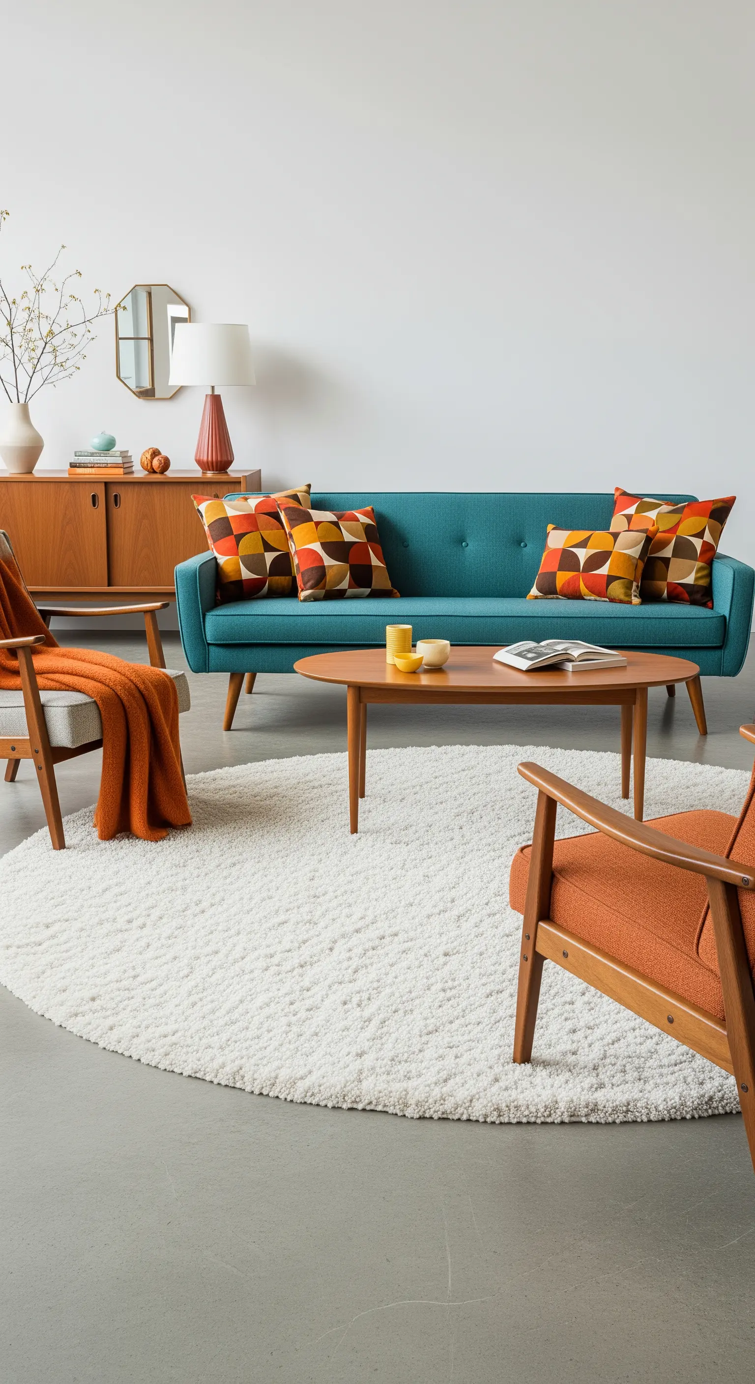Salotto Mid-Century con divano turchese, mobili in legno e un tappeto rotondo bianco a pelo lungo.