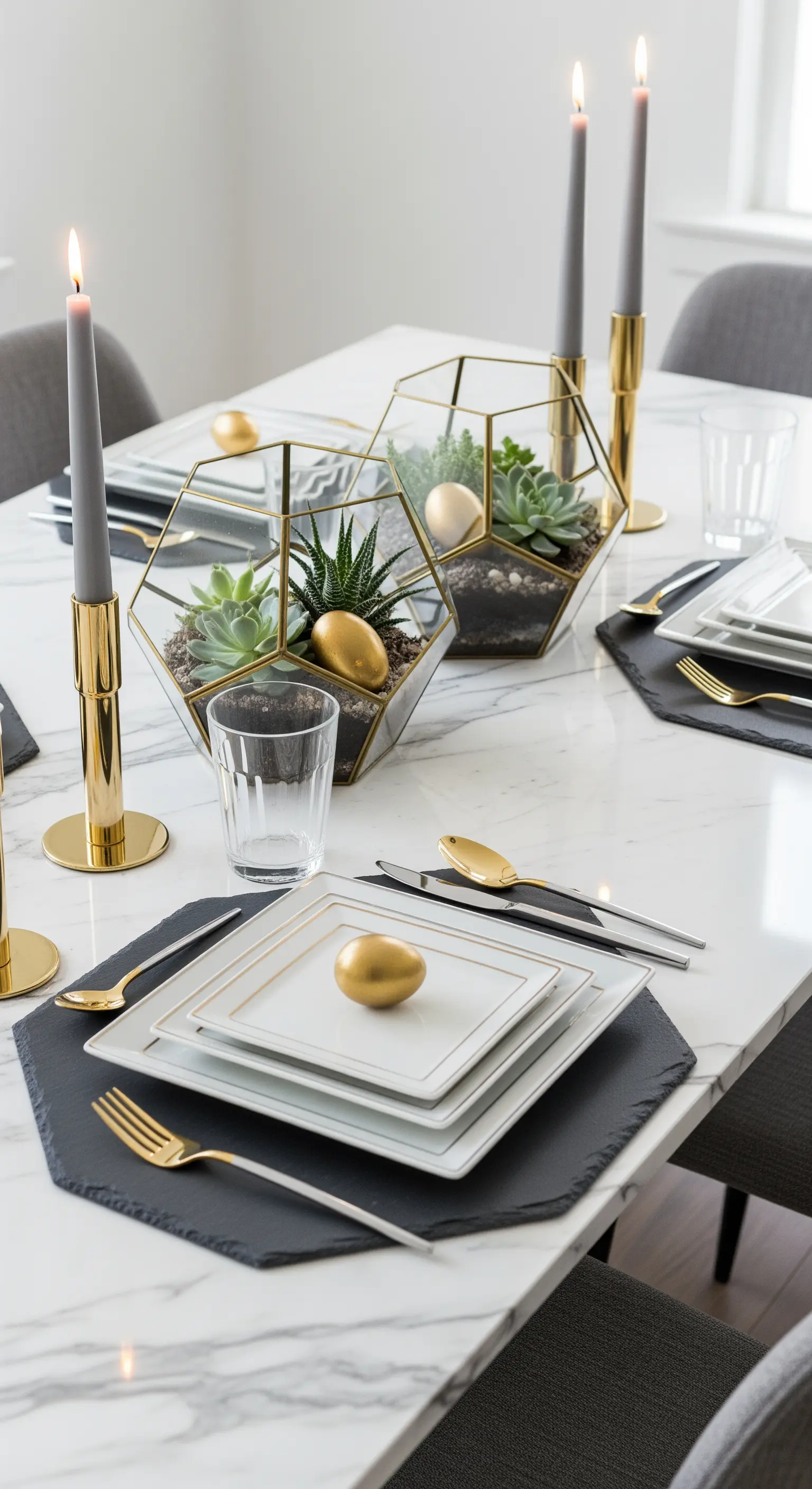 Tavola pasquale moderna su tavolo in marmo con terrari geometrici e succulente.