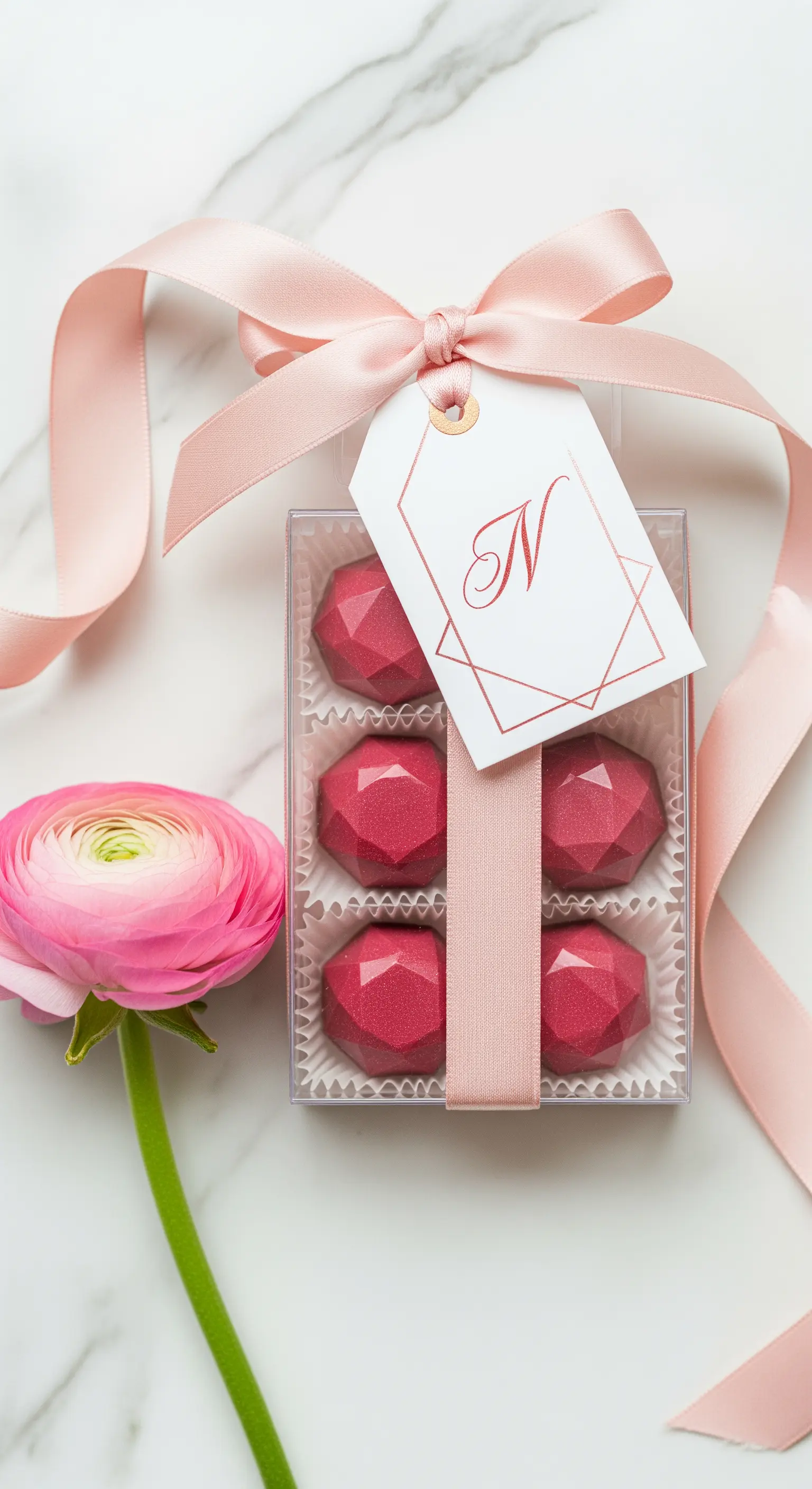 Cioccolatini geometrici rosa glitterati in una scatola trasparente con nastro e monogramma.