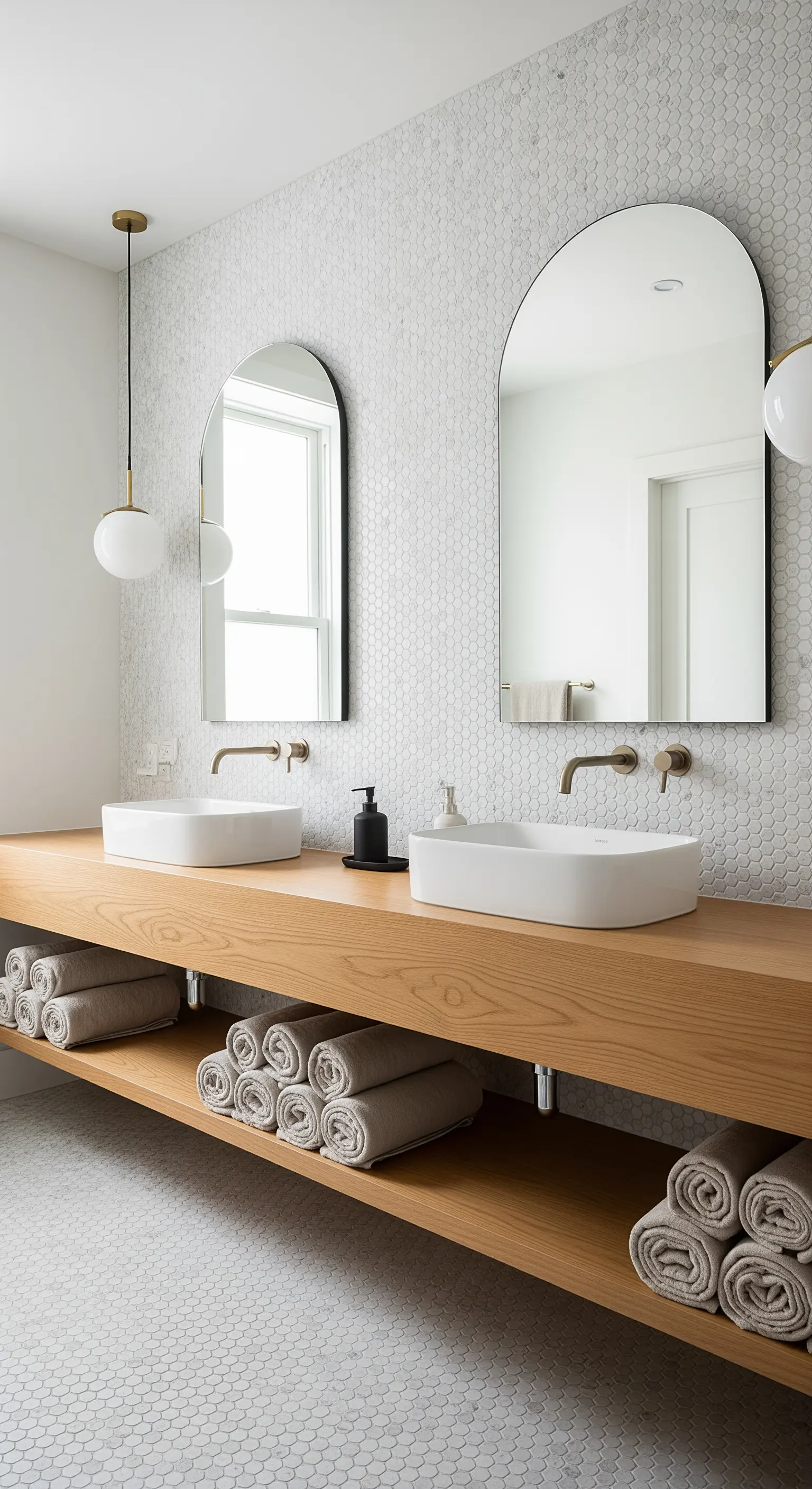 Doppio lavabo su piano in legno con specchi ad arco e piastrelle a mosaico.