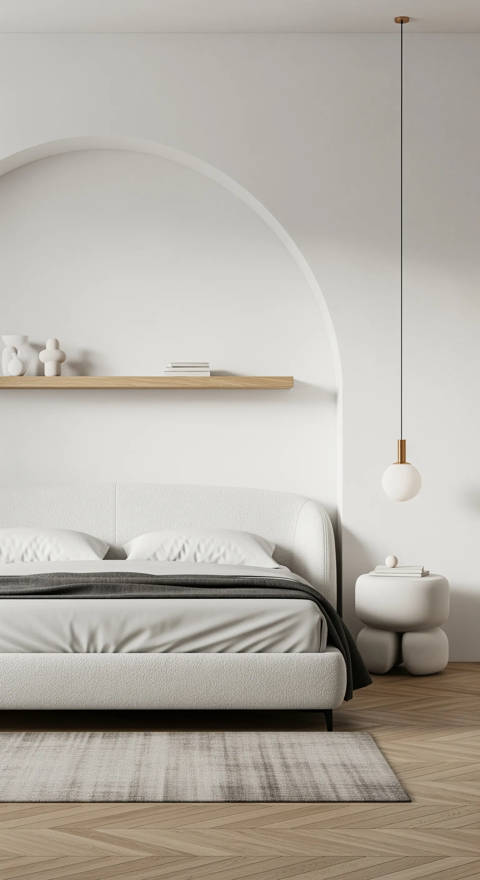 Letto con testiera imbottita bianca in una nicchia ad arco e comodino scultoreo.