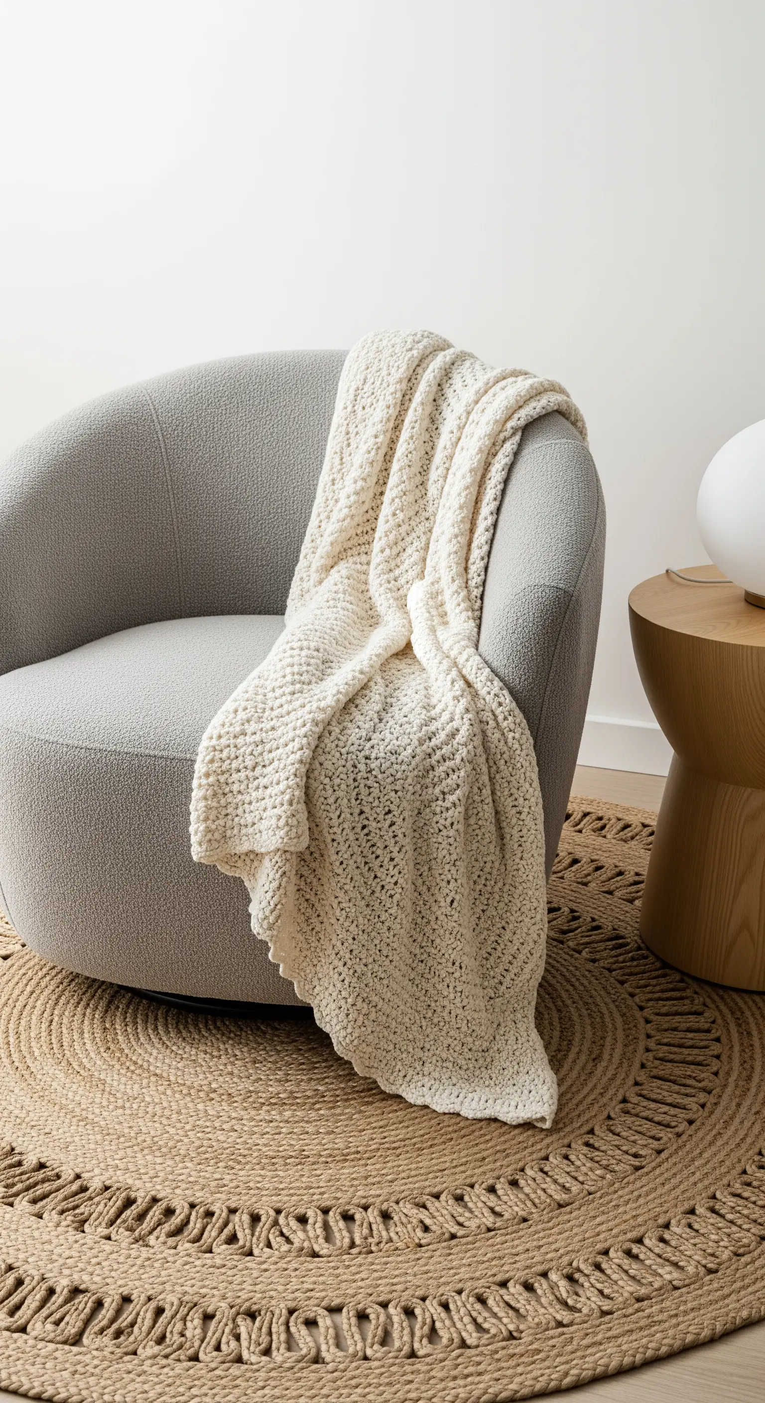 Poltrona grigia dalle forme arrotondate su un tappeto rotondo in juta con dettagli intrecciati.