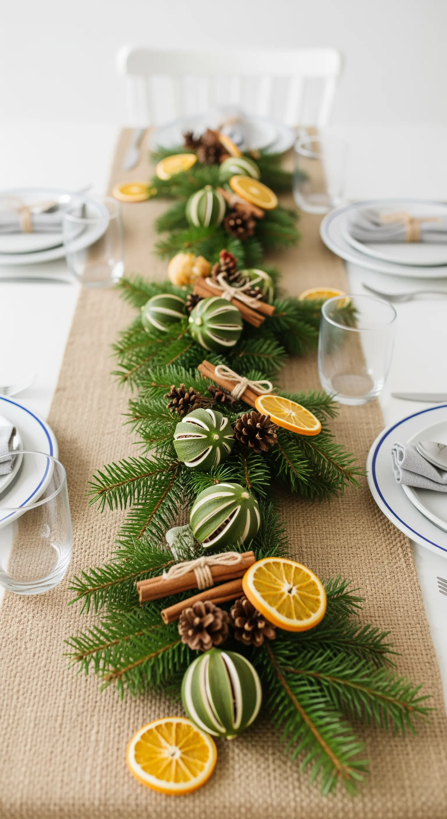 Runner di pino decorato con lime essiccati, stecche di cannella e fette d'arancia