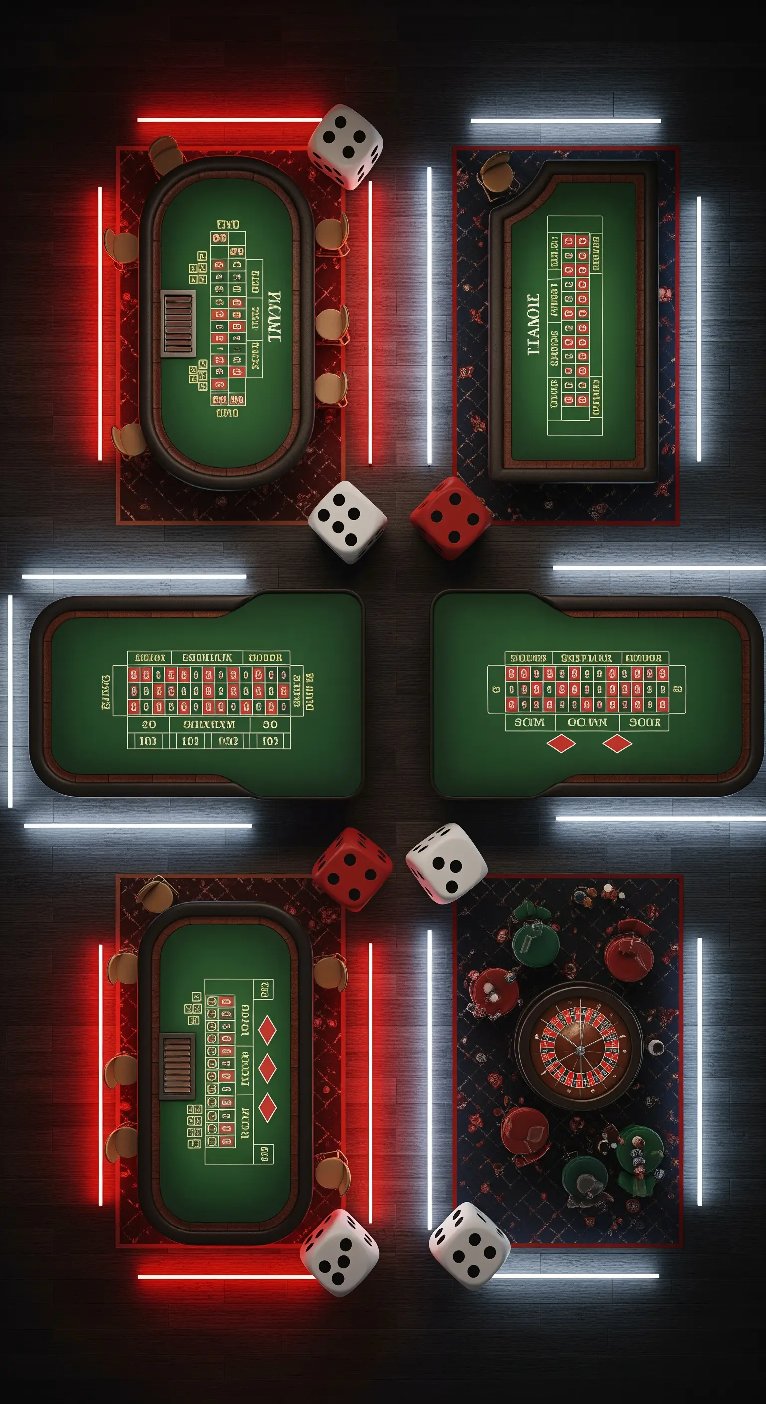 Tavoli da gioco visti dall'alto, incorniciati da strisce di luce al neon rosse e bianche.