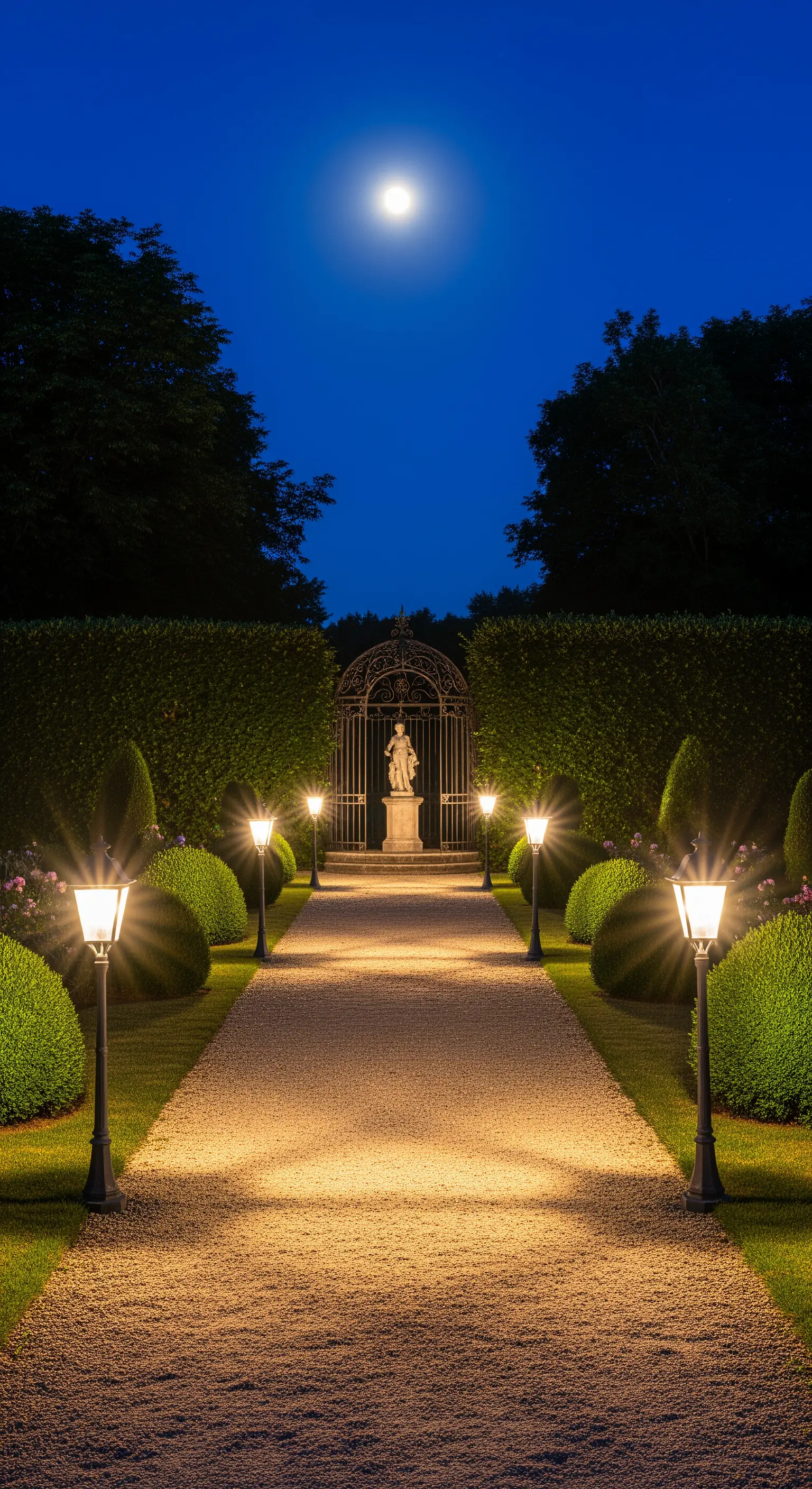 Viale di ghiaia in un giardino formale illuminato da lampioni classici, che conduce a un cancello