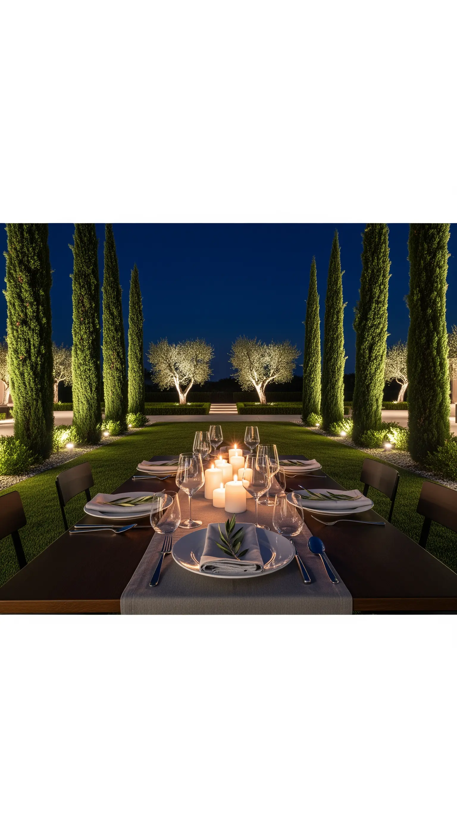 Tavola minimalista in un giardino con alberi illuminati scenograficamente.
