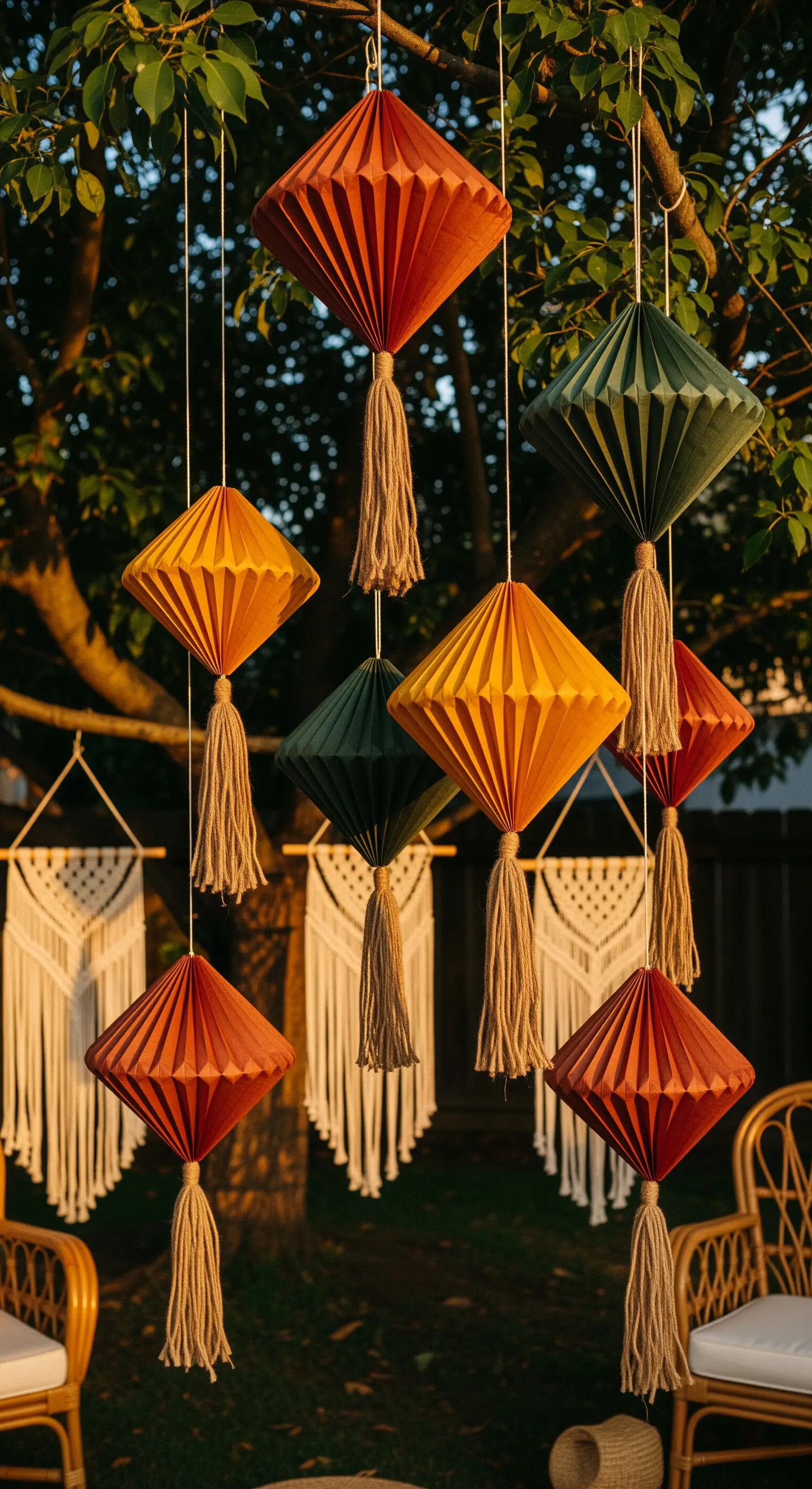 Lanterne geometriche di carta colorata con nappe, appese a un albero in un giardino dallo stile boho.