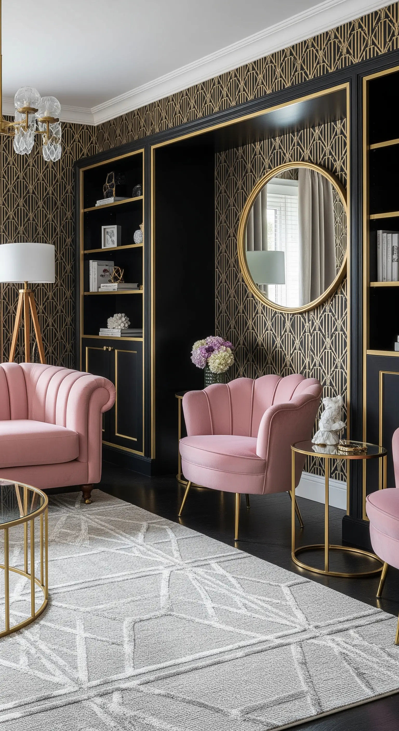 Salotto Art Deco con carta da parati geometrica nera e oro e poltrone in velluto rosa.