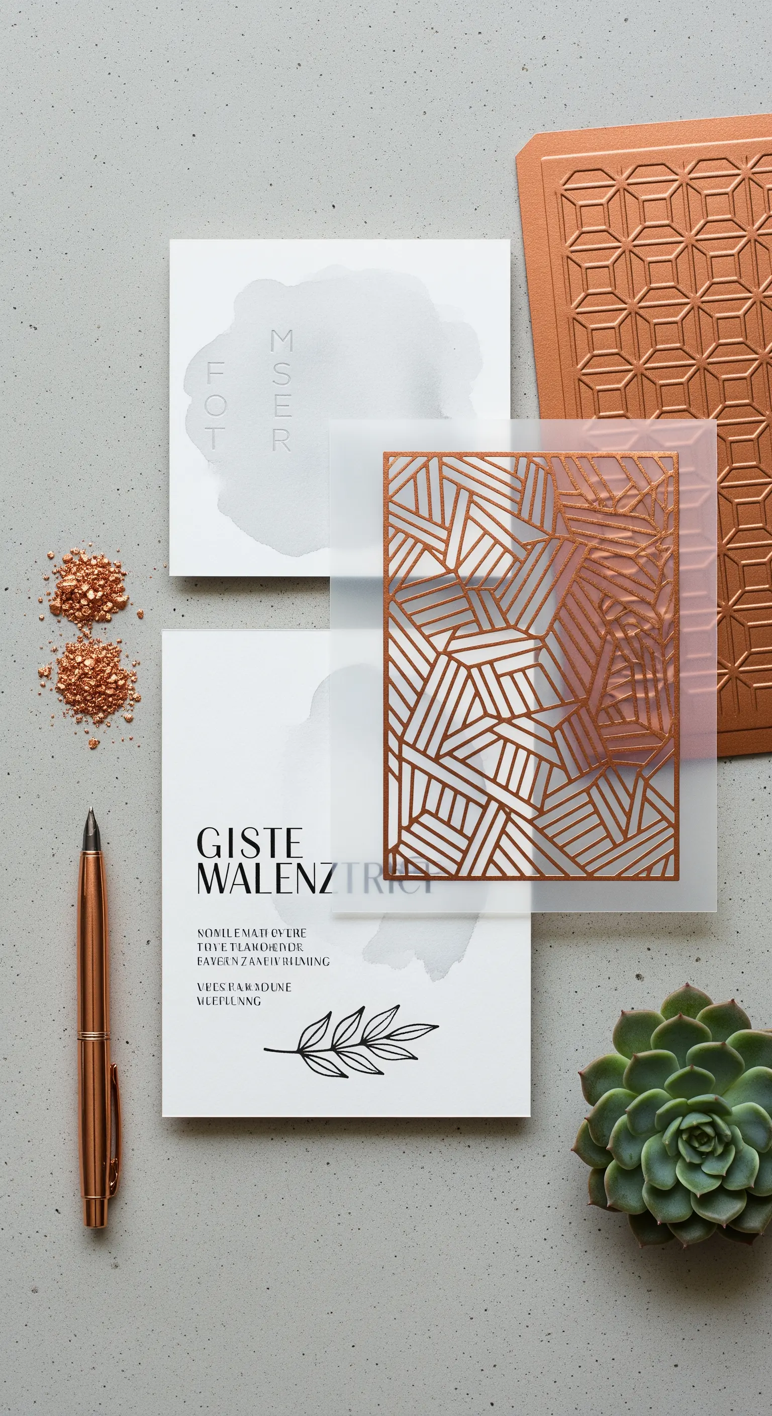 Invito moderno con inserto geometrico color rame, carta pergamena e acquerello grigio.