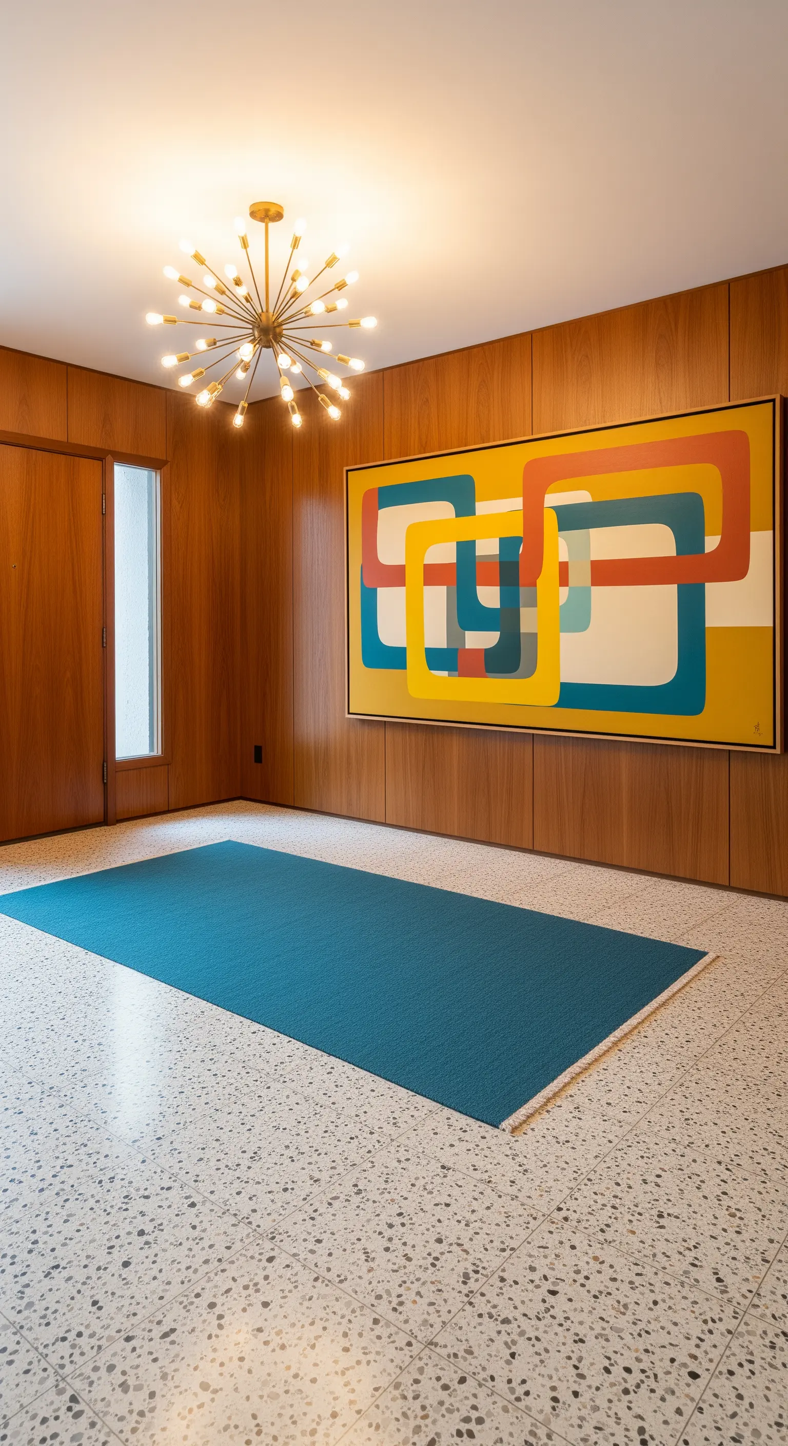 Ingresso Mid-Century con pareti in legno, quadro geometrico colorato e tappeto blu.