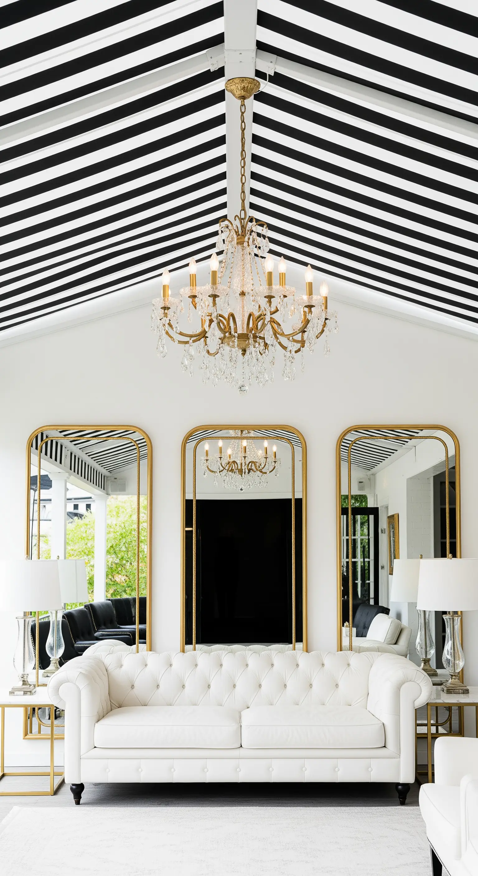 Veranda con soffitto a righe, tre specchi dorati ad arco, divano chesterfield e lampadario in cristallo