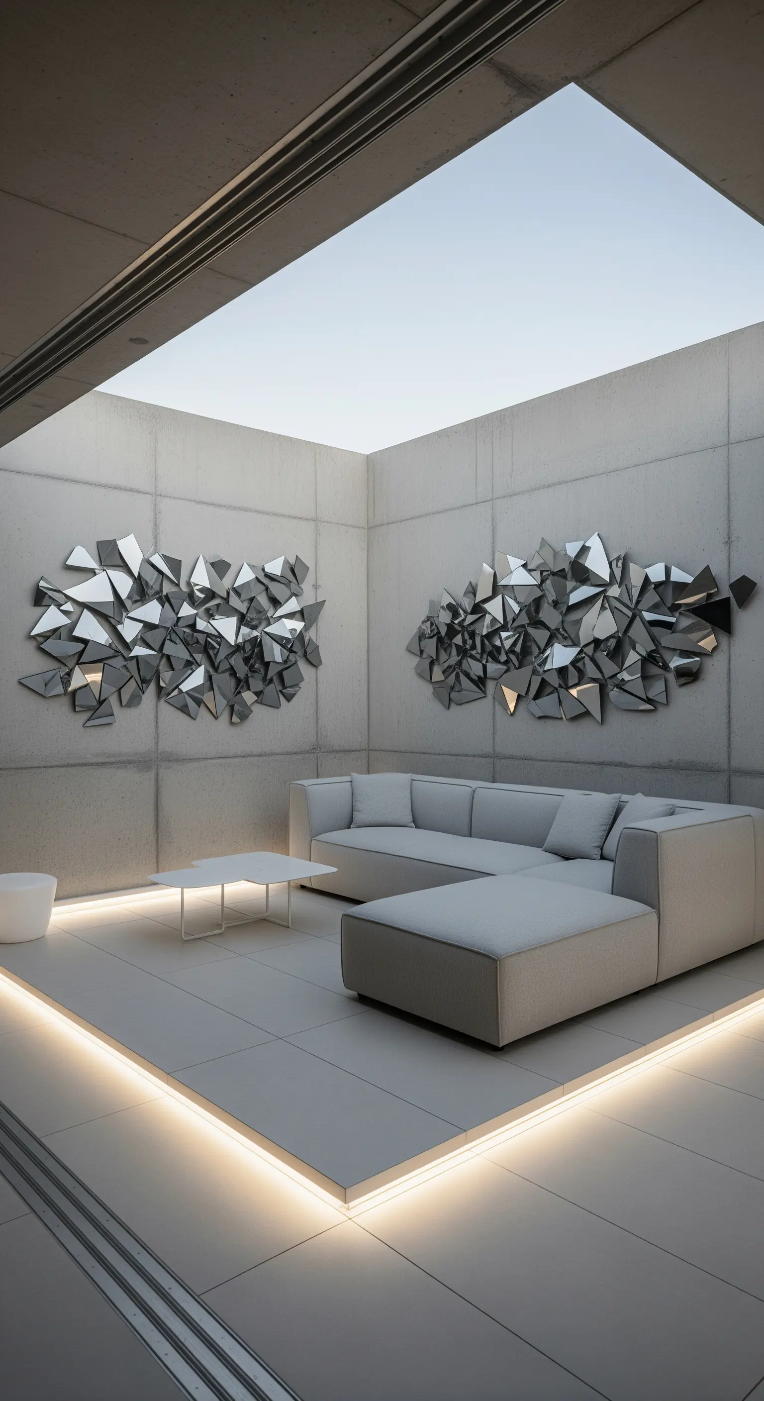 Patio minimalista in cemento con divano grigio e due opere d'arte a specchio frammentato.
