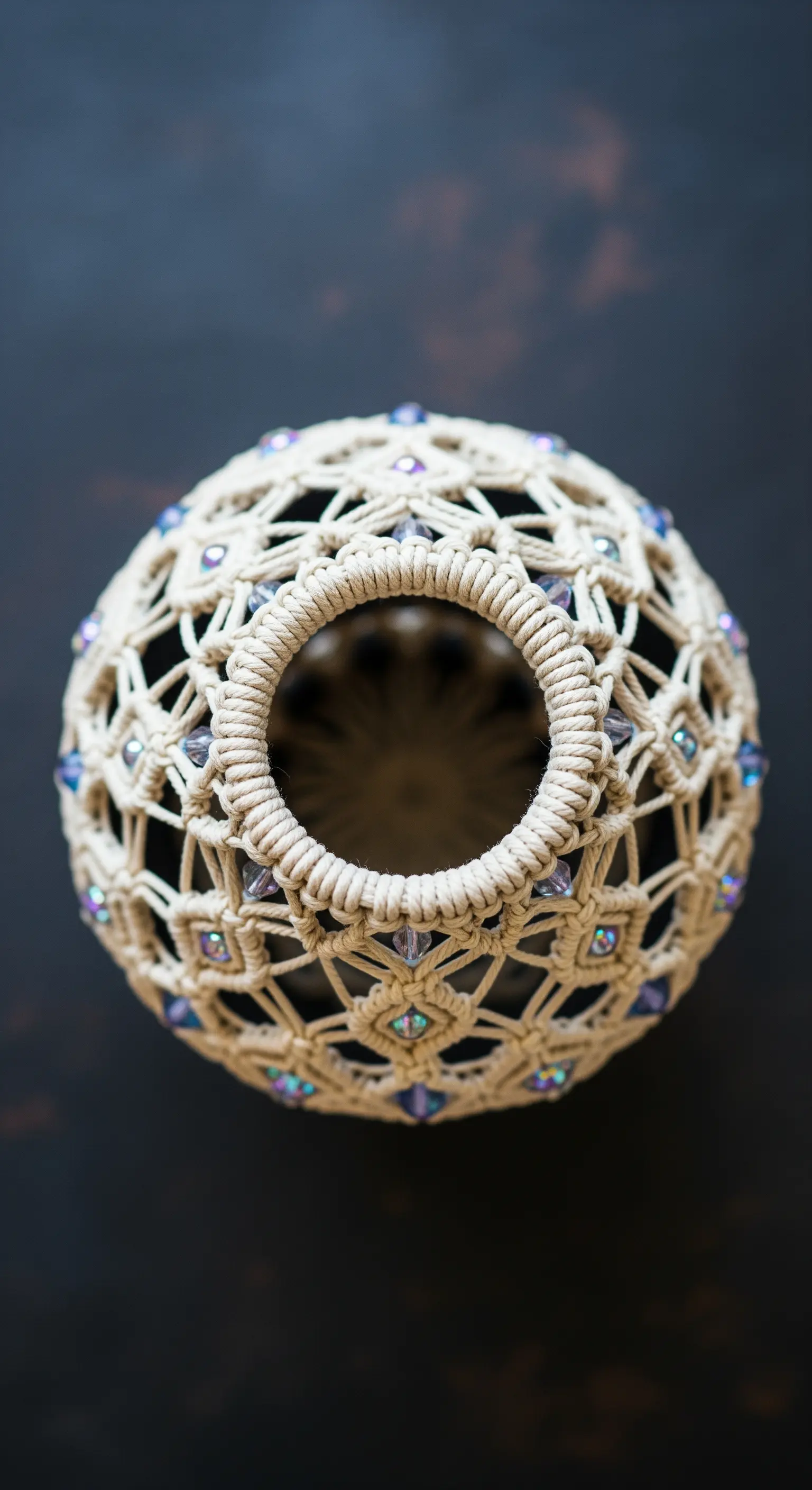 Vista dall'alto di un vaso sferico rivestito in macramé e impreziosito da cristalli.