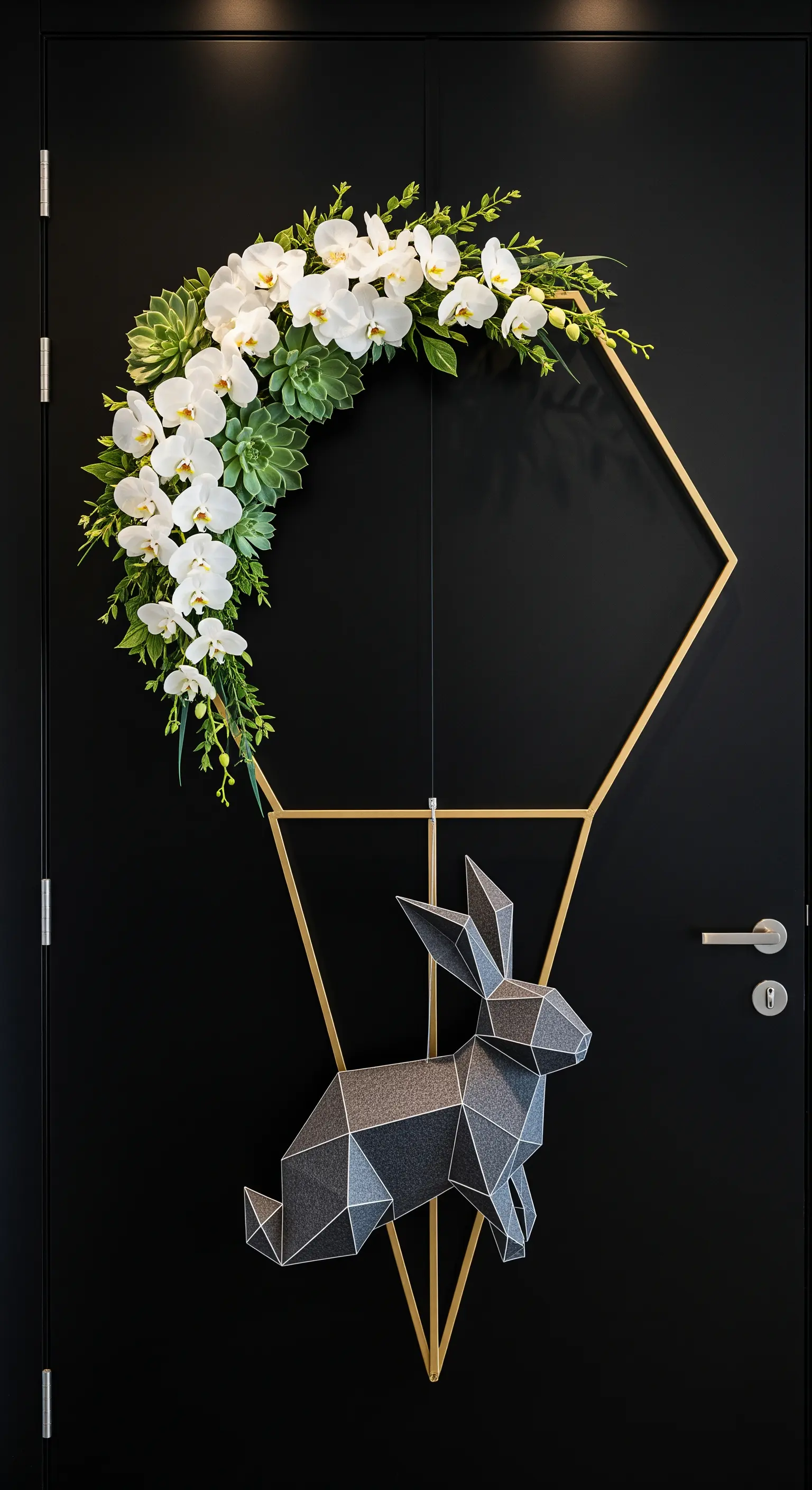 Decorazione geometrica dorata con orchidee bianche e coniglio in stile origami.