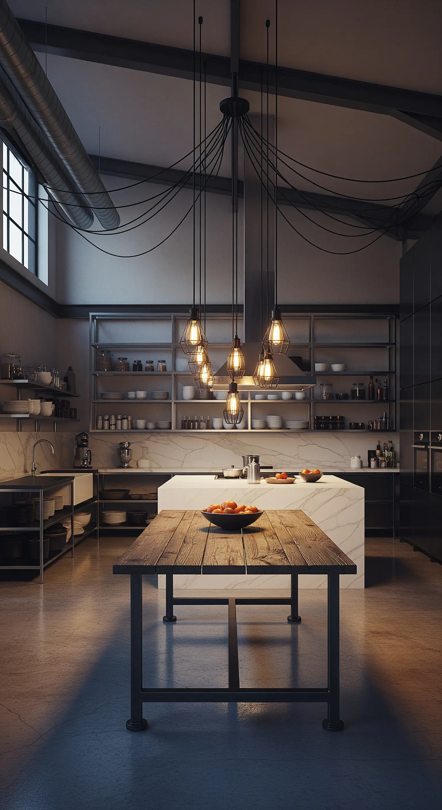 Cucina industriale con isola in marmo, tavolo in legno e un cluster di lampade a gabbia sospese.