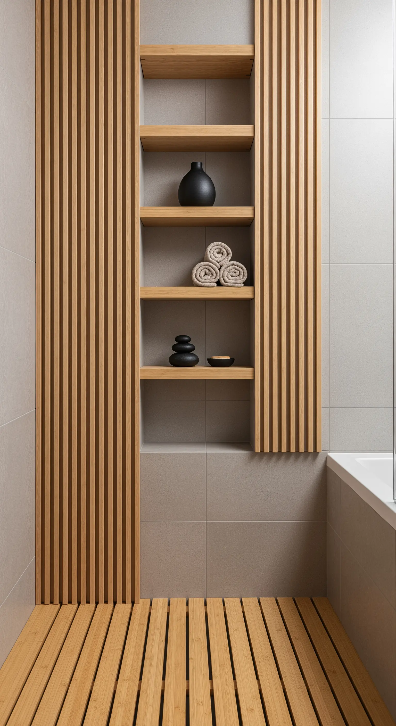 Nicchia con ripiani in legno inserita in una parete a listelli verticali, stile Japandi.