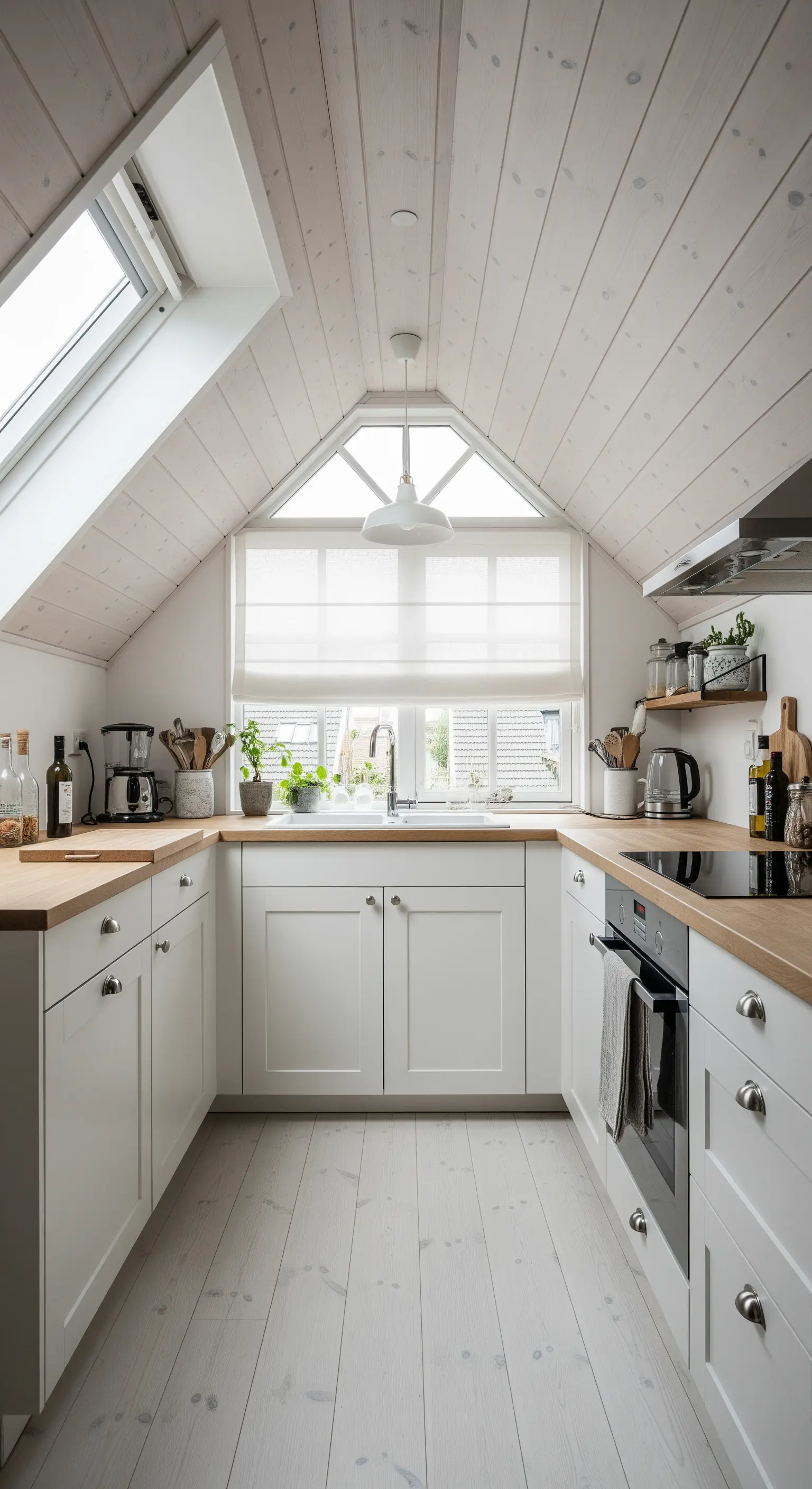 Cucina in mansarda con mobili bianchi, lucernari e tenda a pacchetto.