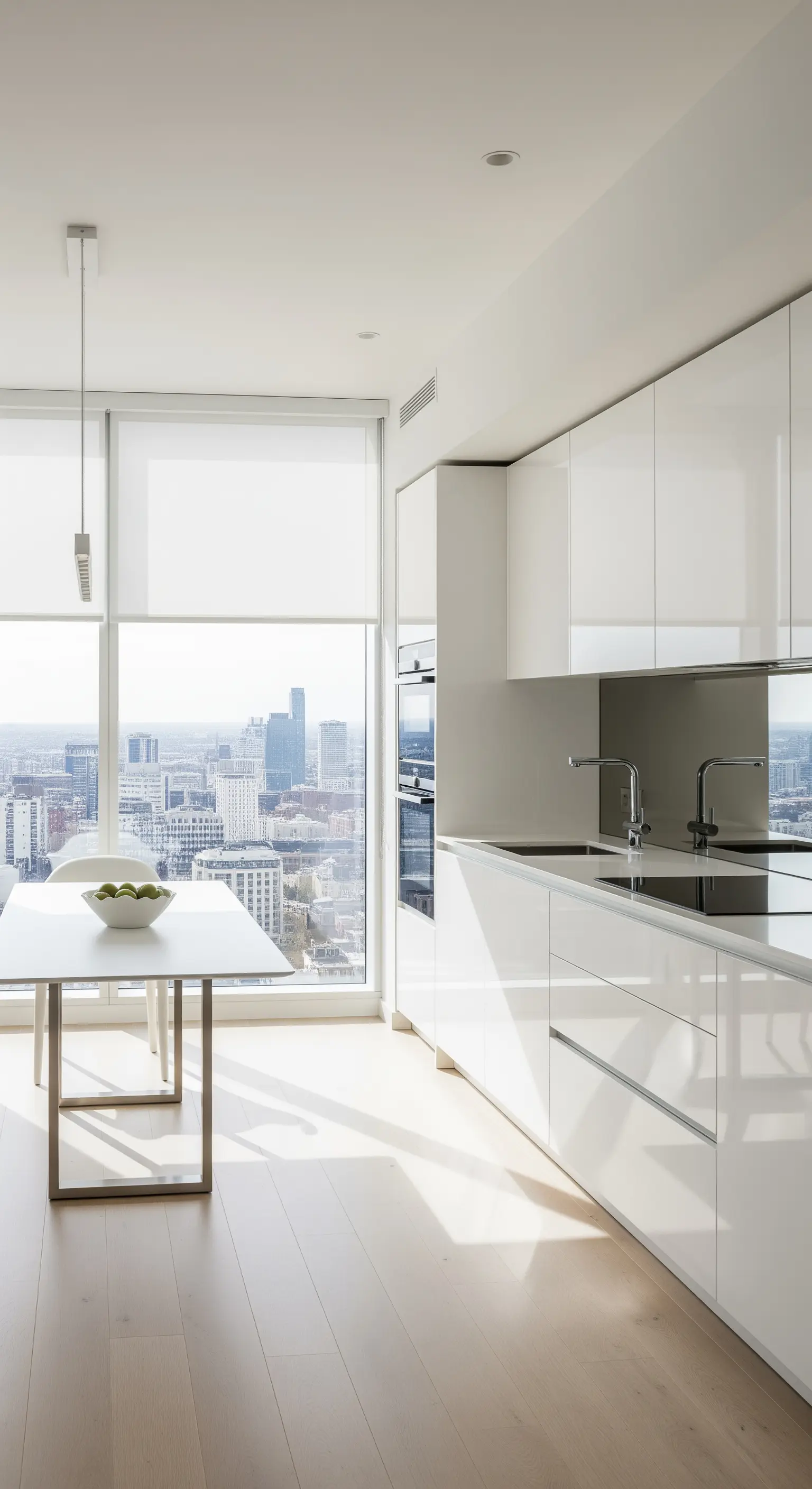 Cucina bianca e lucida in un attico con vista sulla città e tende a rullo.