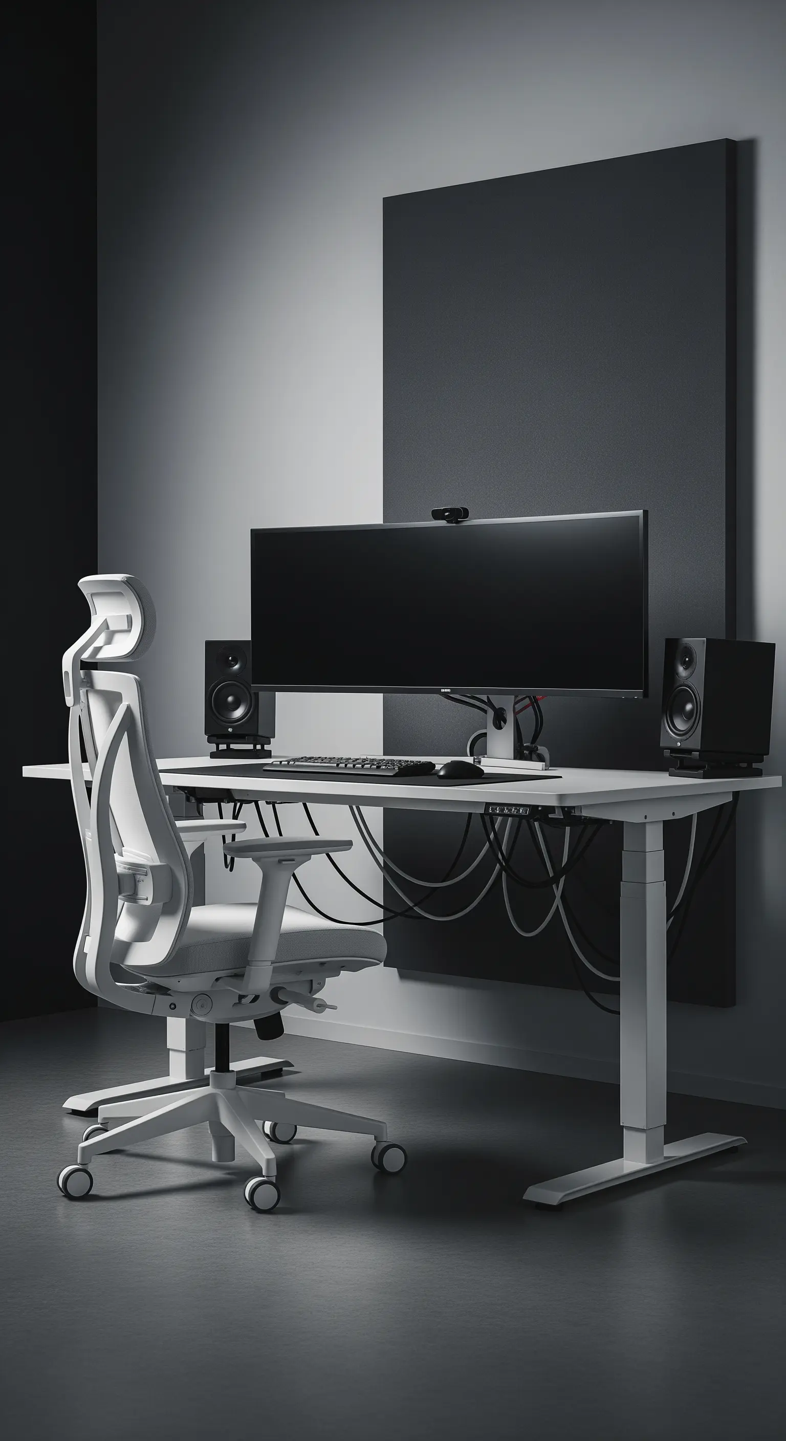 Setup high-tech con scrivania bianca regolabile, sedia ergonomica e gestione dei cavi ordinata.