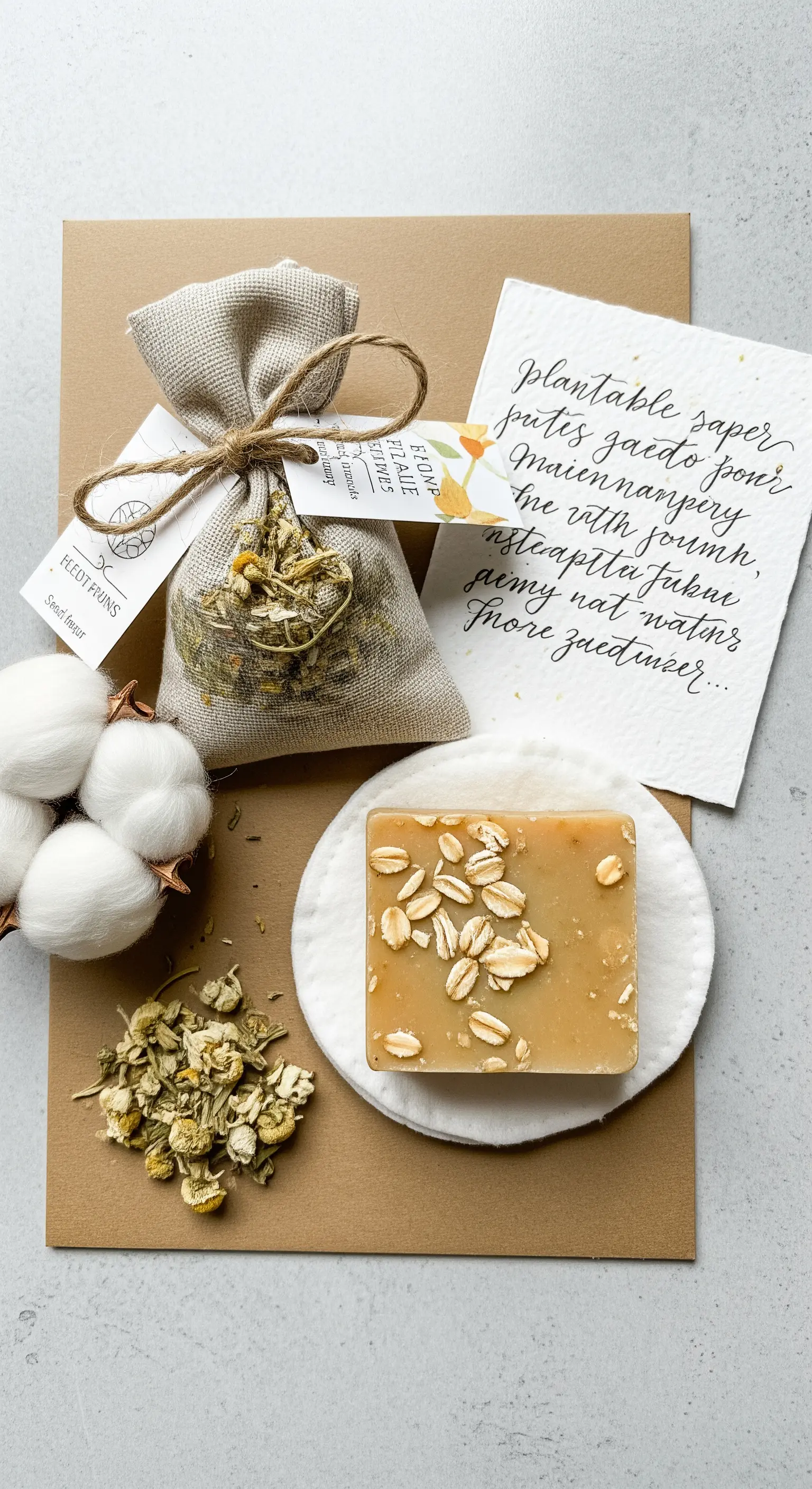 Sapone all'avena, sacchetto di camomilla e un biglietto su carta piantabile, con fiori di cotone.