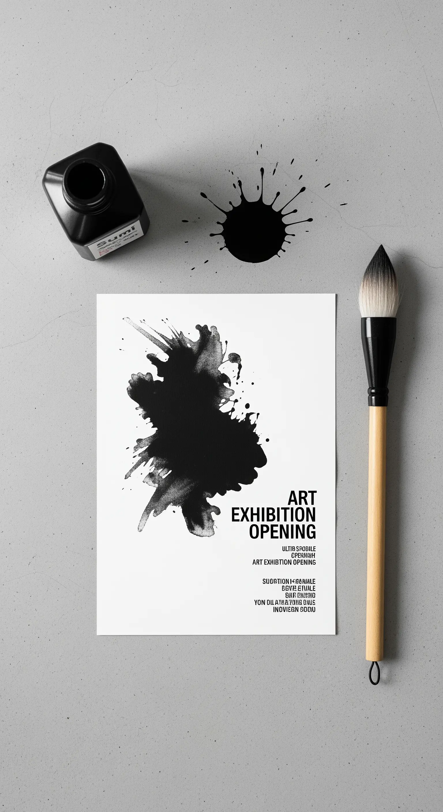 Invito per una mostra d'arte con una grande macchia d'inchiostro nero astratta.