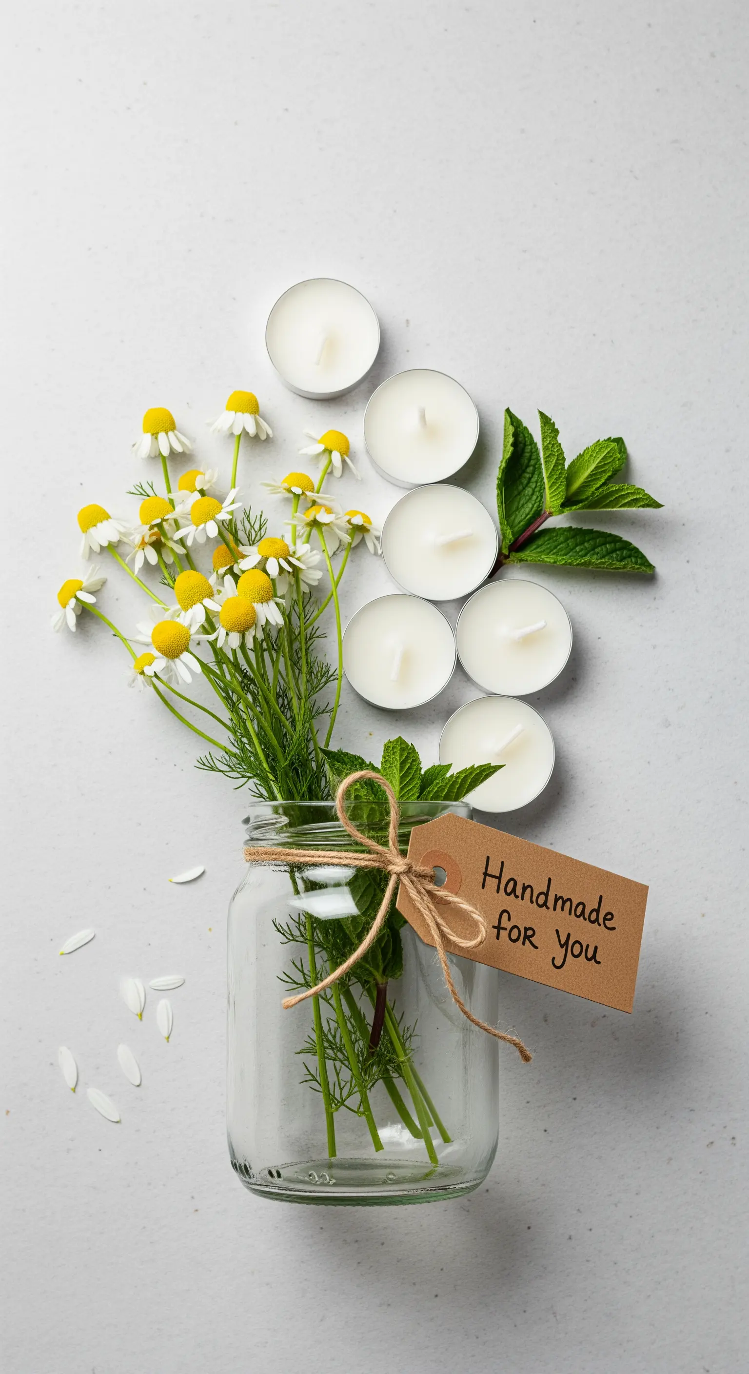 Vasetto di vetro con camomilla e menta, legato con un'etichetta 'Handmade for you'.