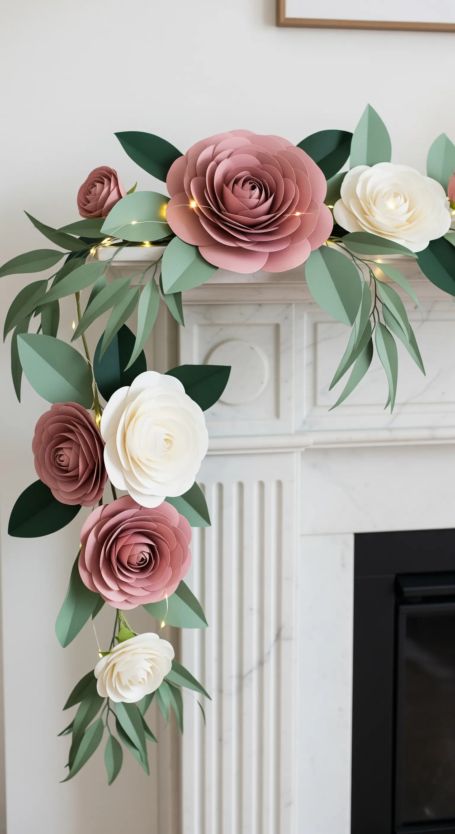 Ghirlanda di rose di carta rosa antico e bianche con foglie di eucalipto su un camino di marmo.