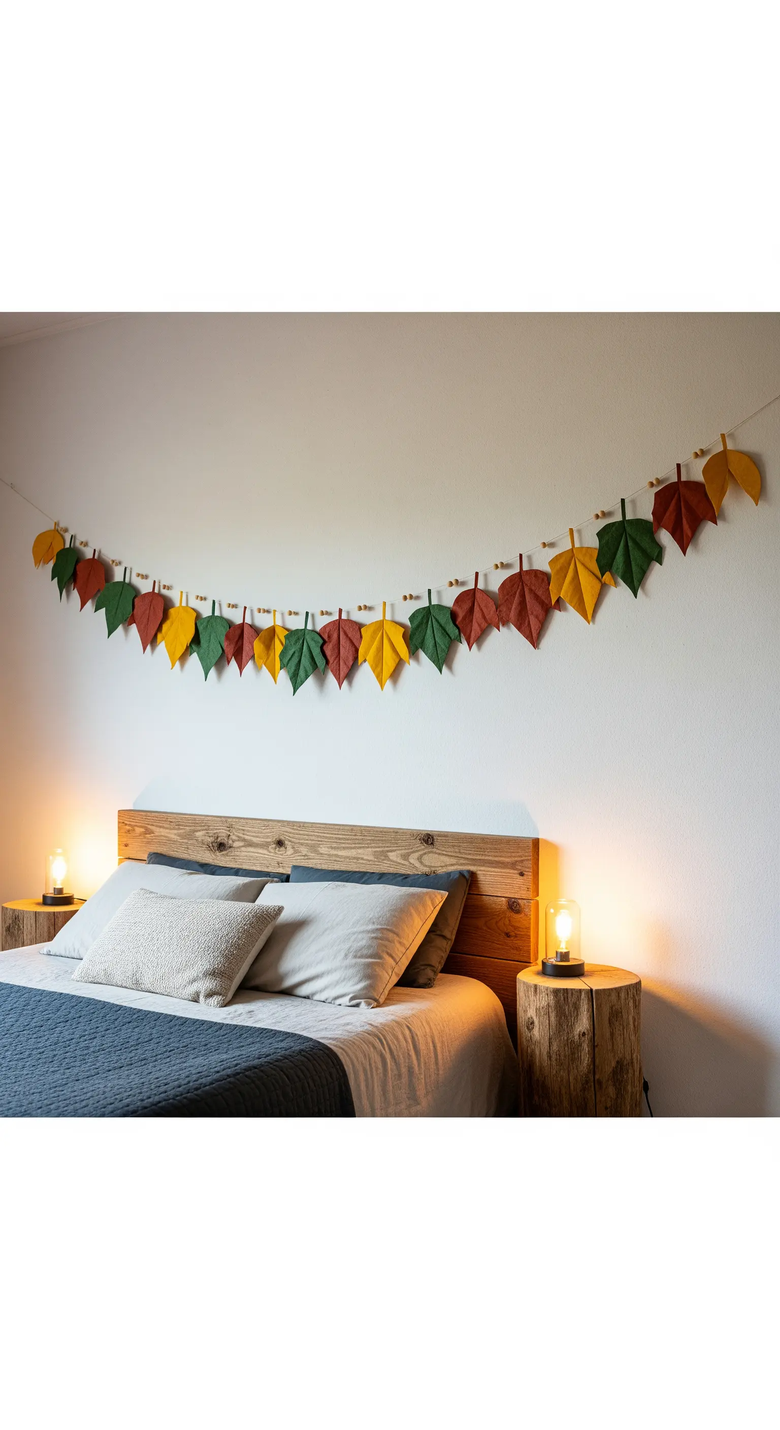 Ghirlanda di foglie di carta colorate appesa sopra la testiera di un letto.