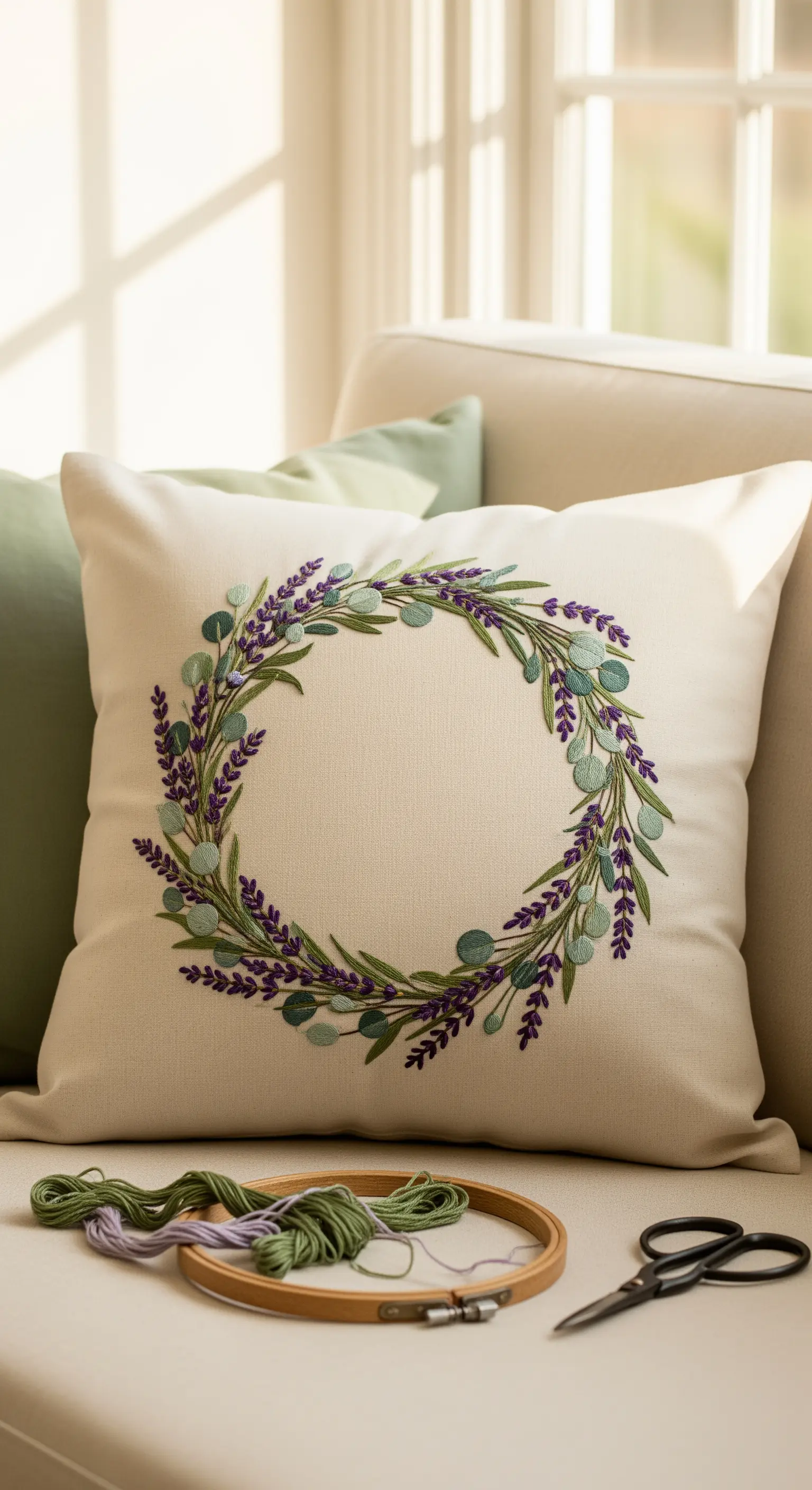 Cuscino avorio con ghirlanda di lavanda ed eucalipto ricamata a mano.