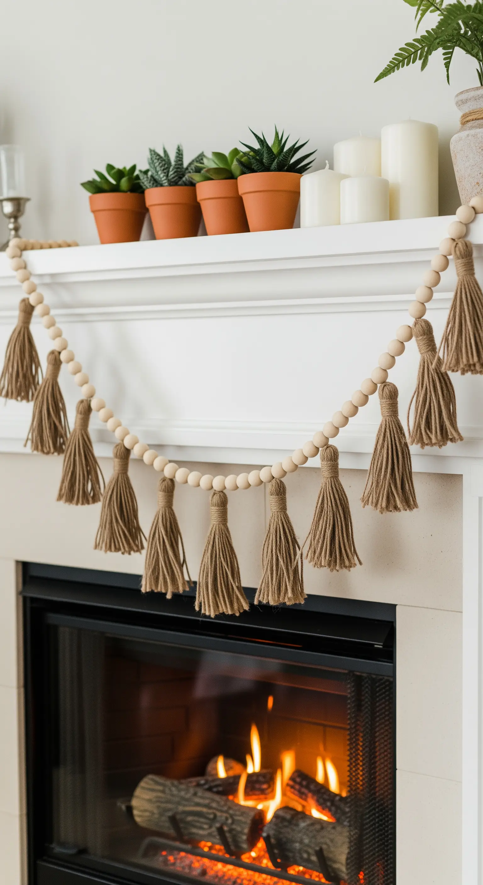 Ghirlanda di perline di legno e nappe di iuta appoggiata sulla mensola di un camino acceso.