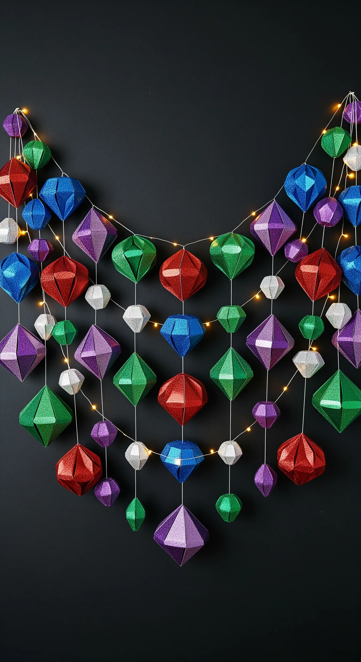 Una ghirlanda di gemme 3D in carta glitterata colorata, intrecciata con un filo di luci a LED.