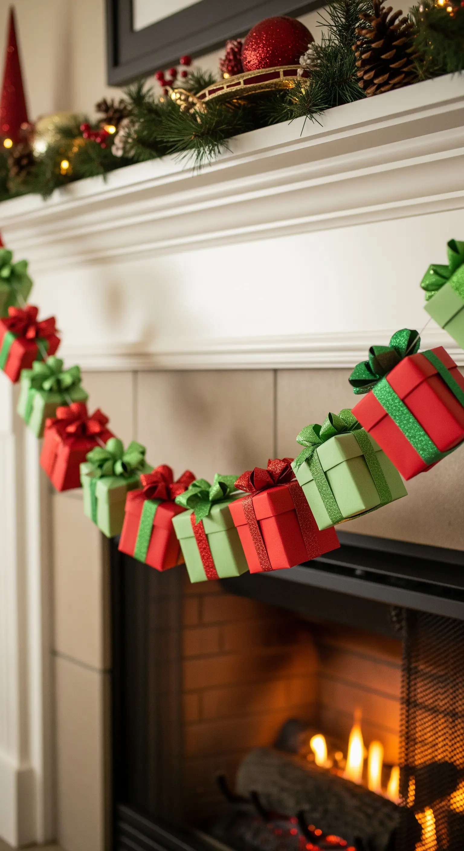 Ghirlanda di pacchetti regalo di carta rossi e verdi appesa a una mensola del camino.