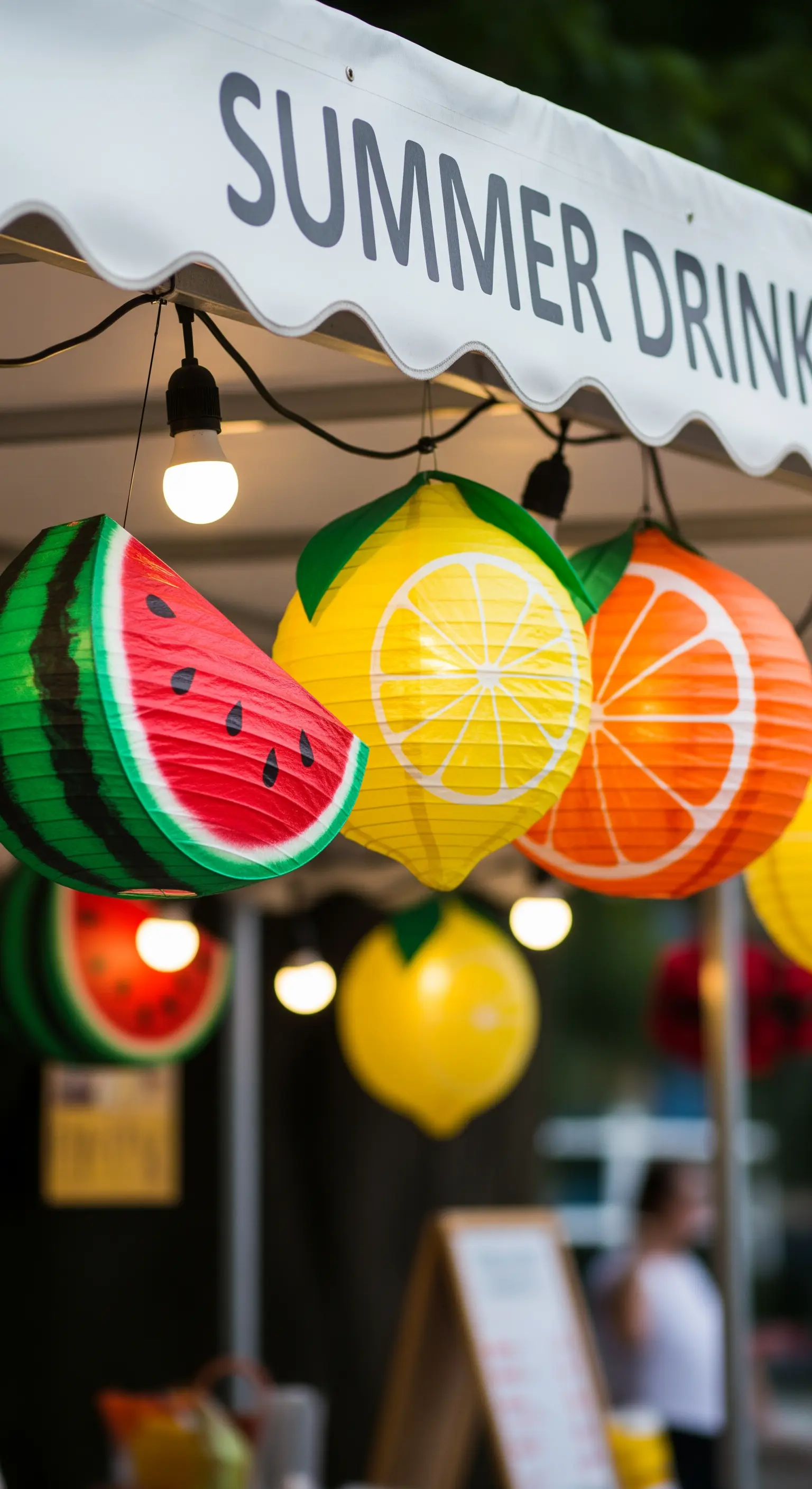 Lanterne di carta a forma di anguria, limone e arancia, appese a uno stand di bevande estive.
