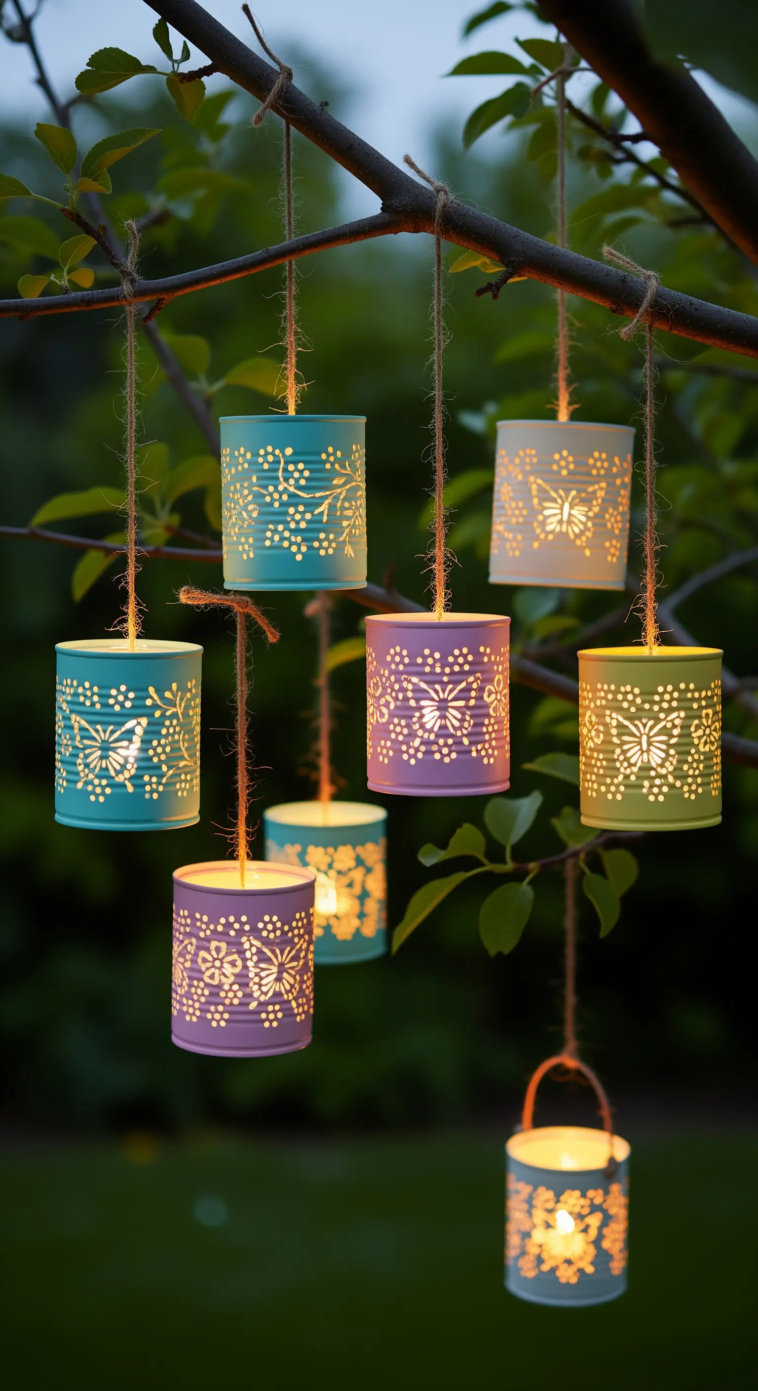 Gruppo di portacandele colorati in latta appesi a un ramo con spago.